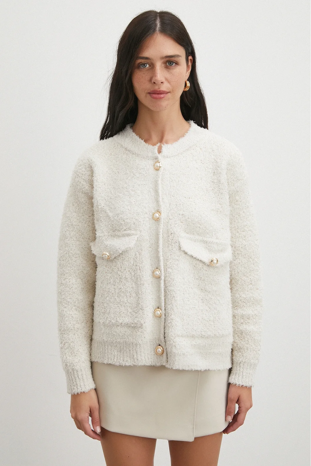 Cepli Düğmeli Simli Hırka Ekru