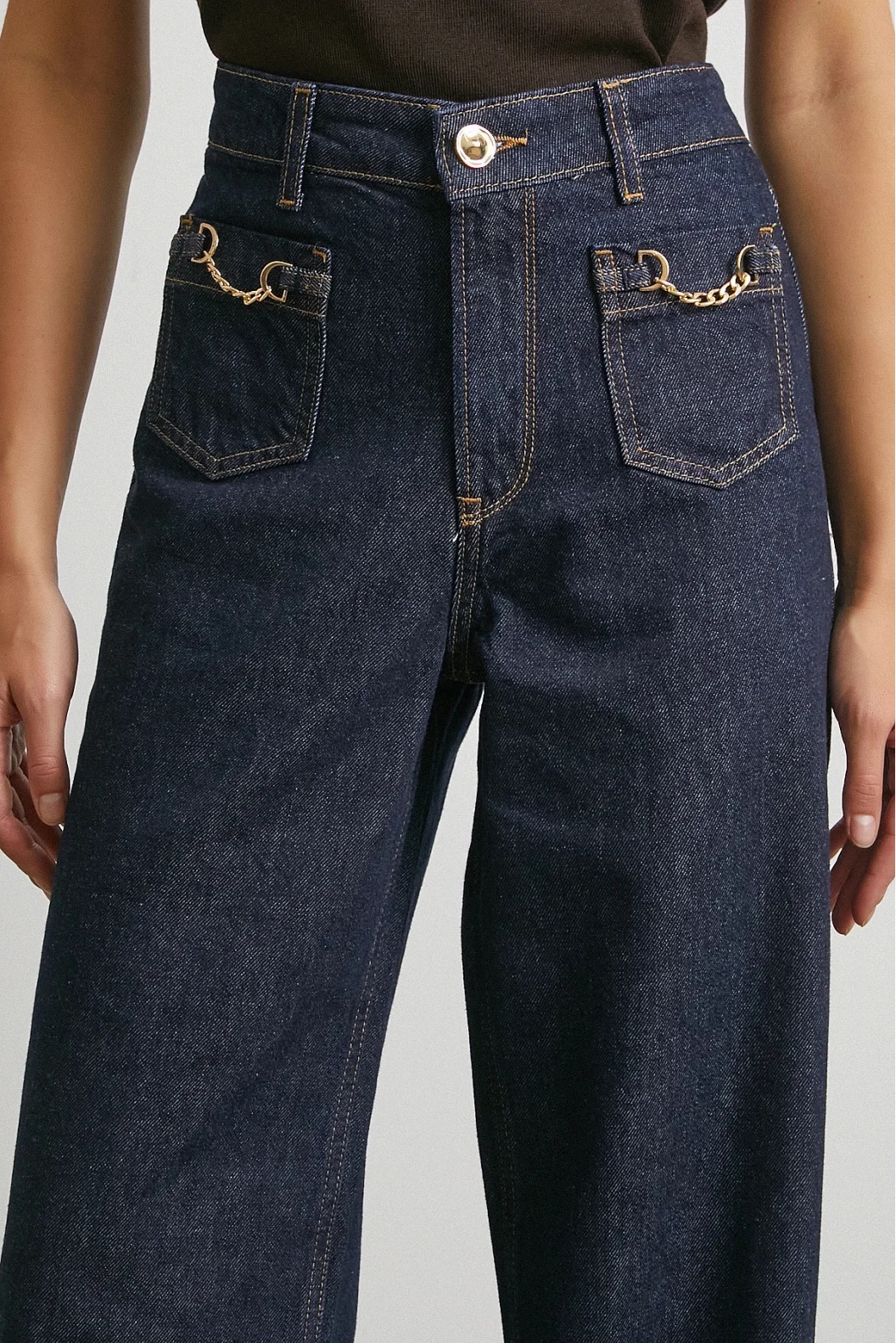 Yüksek Bel Cep Detaylı Zincirli Wide Leg Jean Lacivert