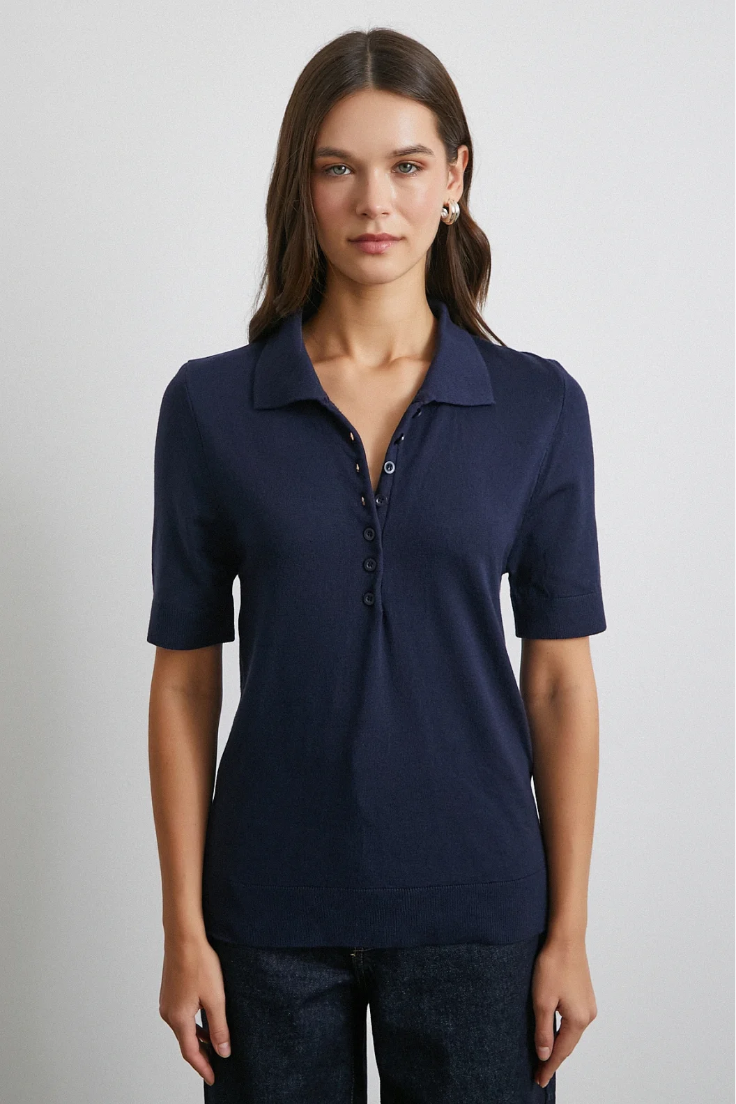 Polo Yaka Düğmeli Kısa Kol Triko Lacivert