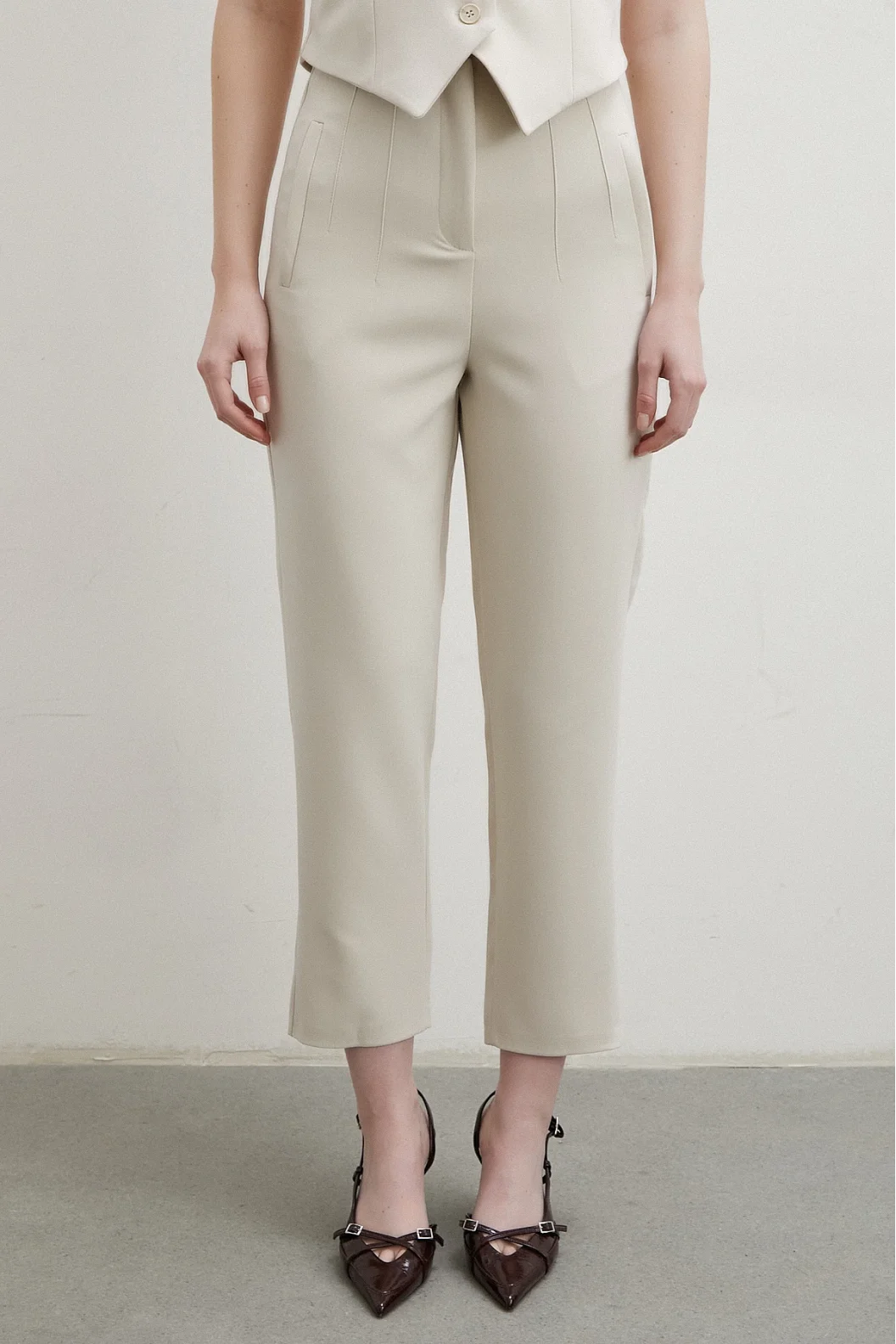 Önü Pensli Skinny Kumaş Pantolon Bej