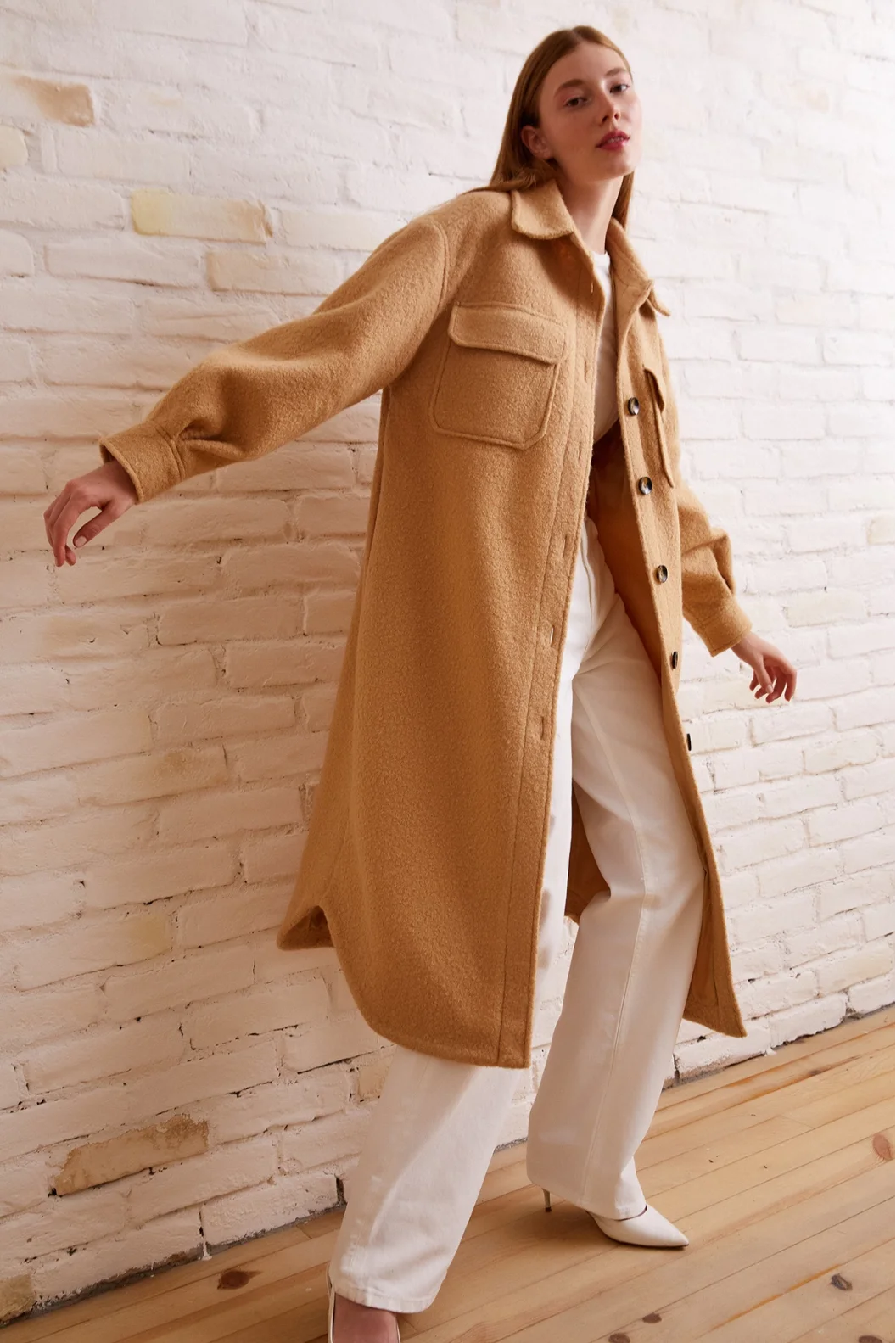 Lange Wickelmantel Beige