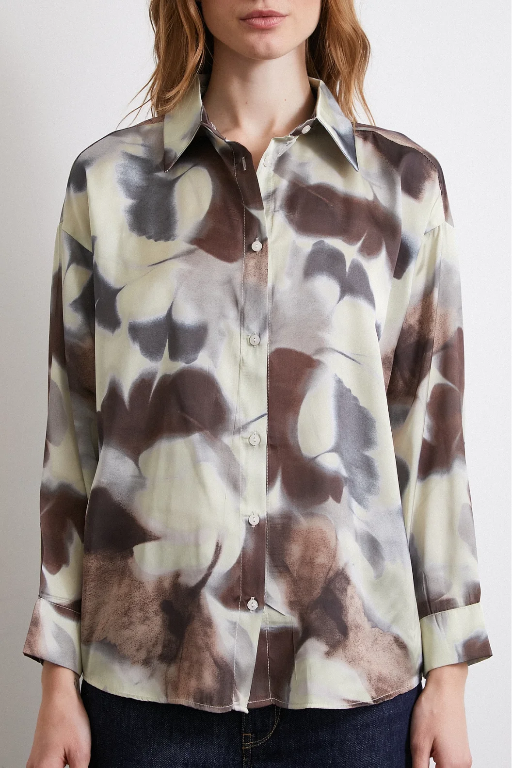 Batik Pattern Satin Shirt Brown