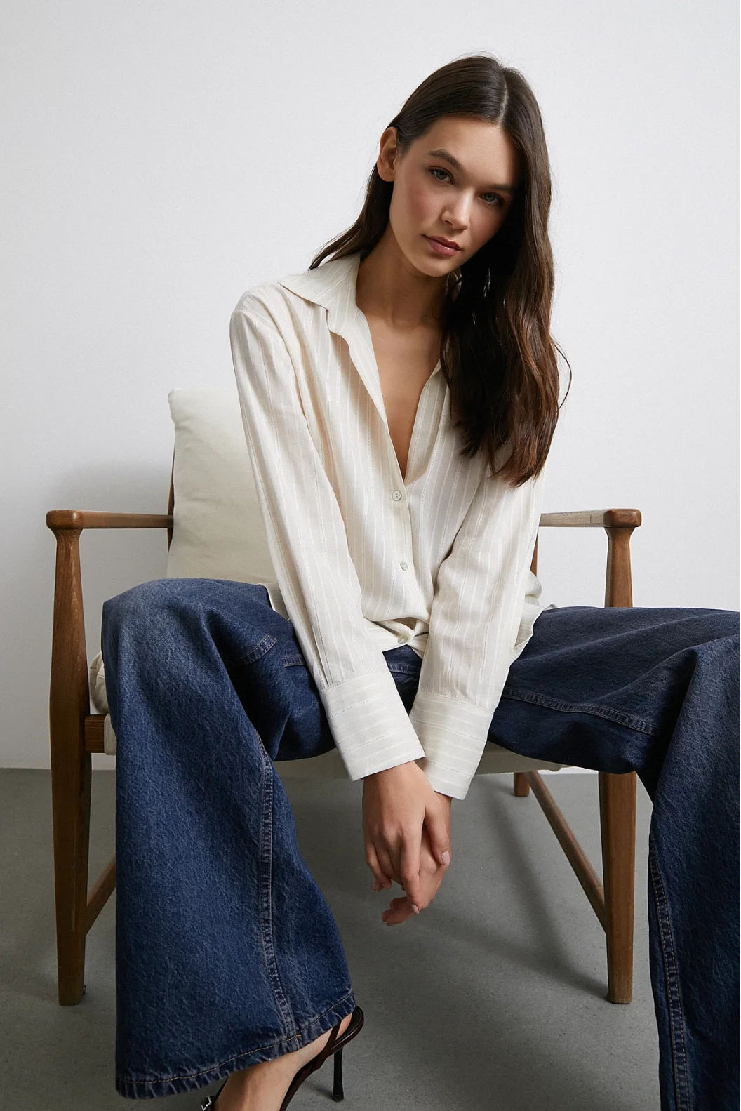 Cotton Glitter Striped Shirt Cream