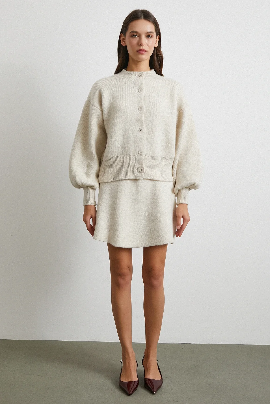 Hırka Etek Triko Takım Ekru