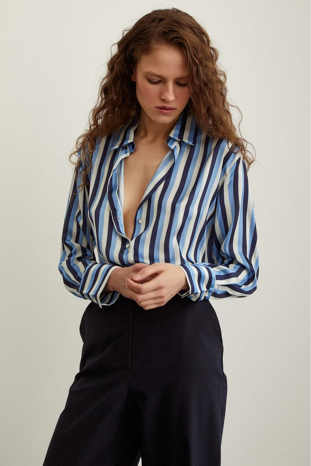 Striped Satin Shirt Navy