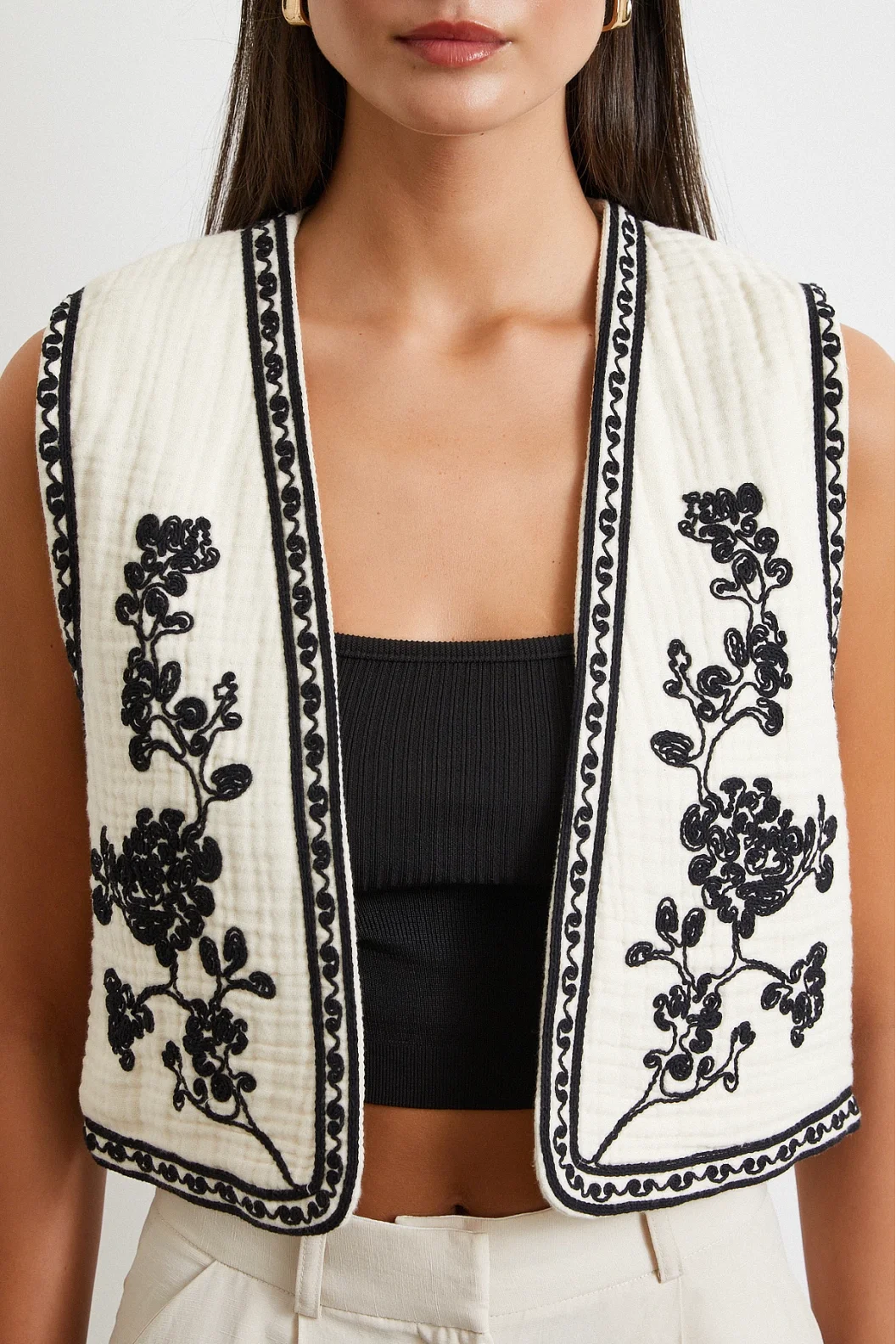 Nakışlı Oversize Yelek Krem