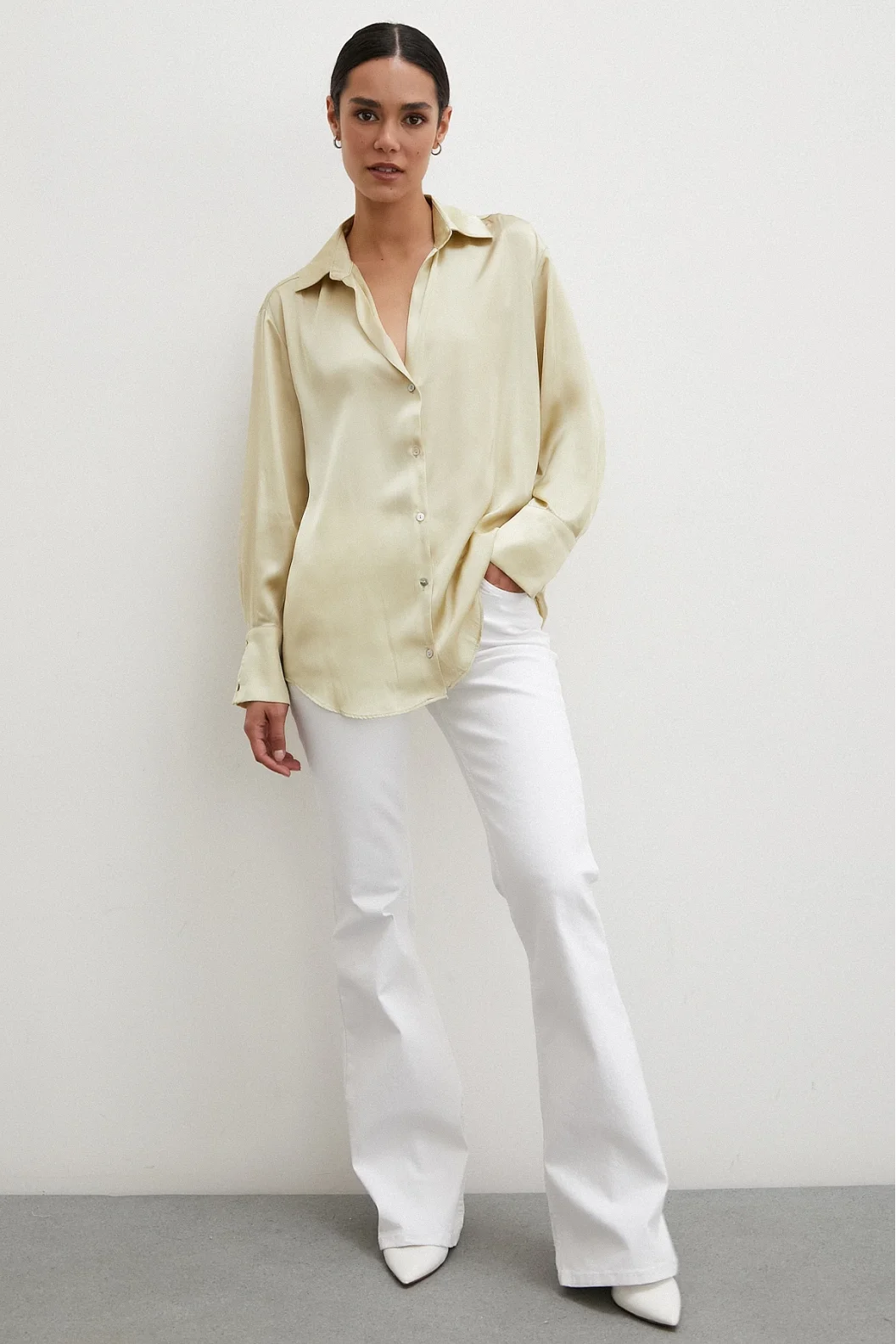 Satin Basic Hemd Beige
