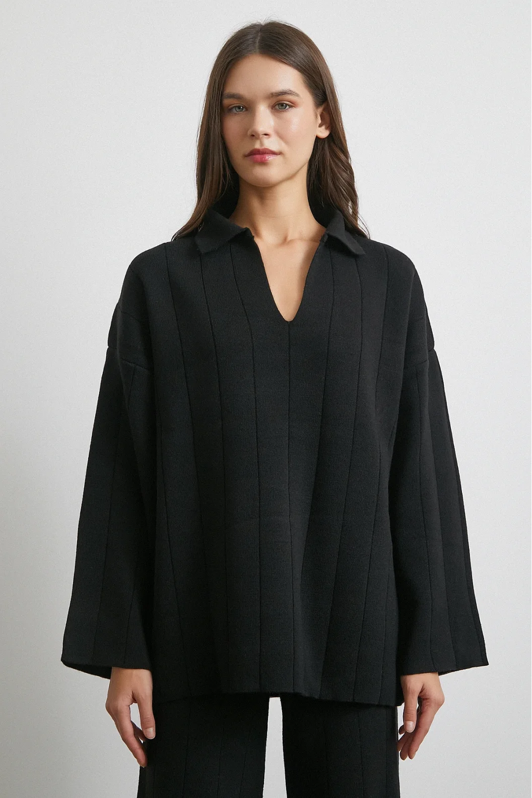 Polo Yaka Pantolonlu Triko Takım Siyah