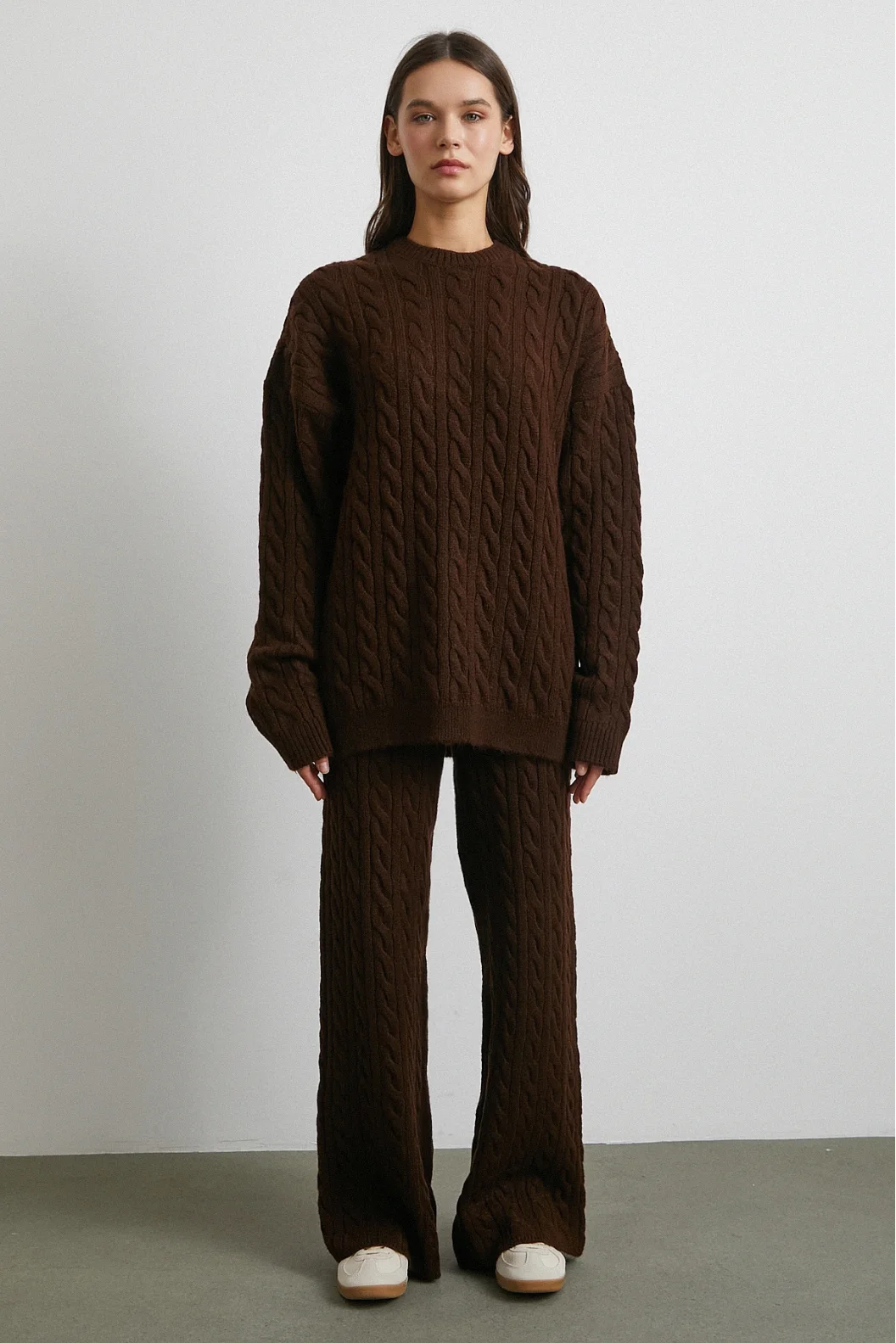 Desenli Şardonlu Triko Takım Kahve