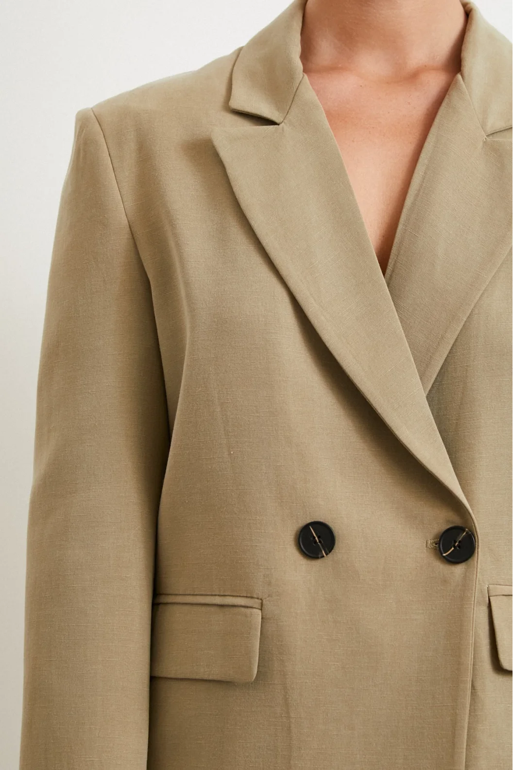 Çift Düğmeli Keten Blazer Ceket Haki