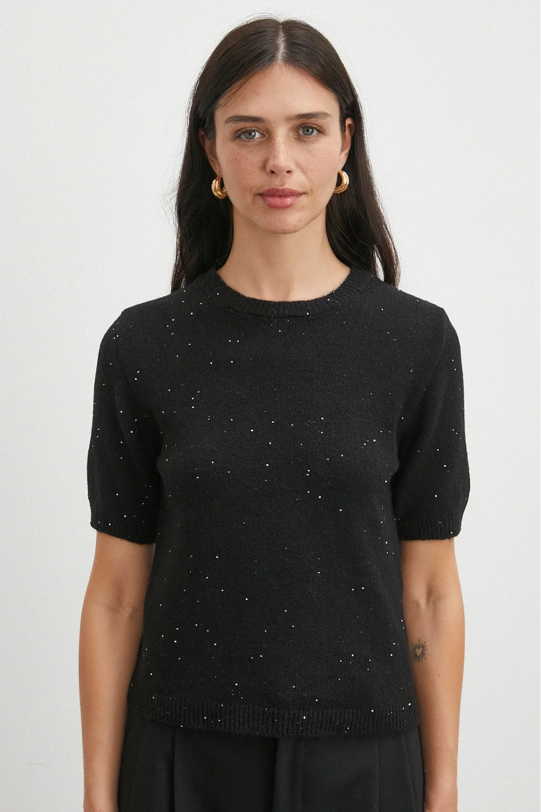 Simli Kısa Kol Kazak Siyah