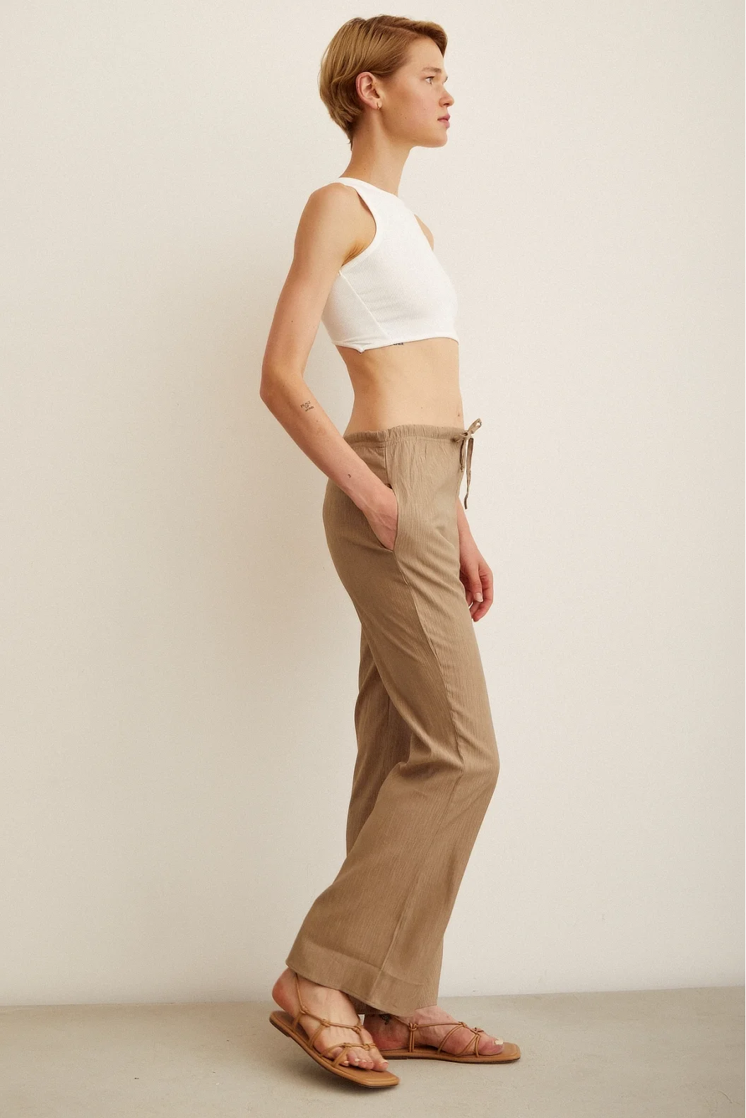Elastic Waist Flared High Waist Pants Khaki