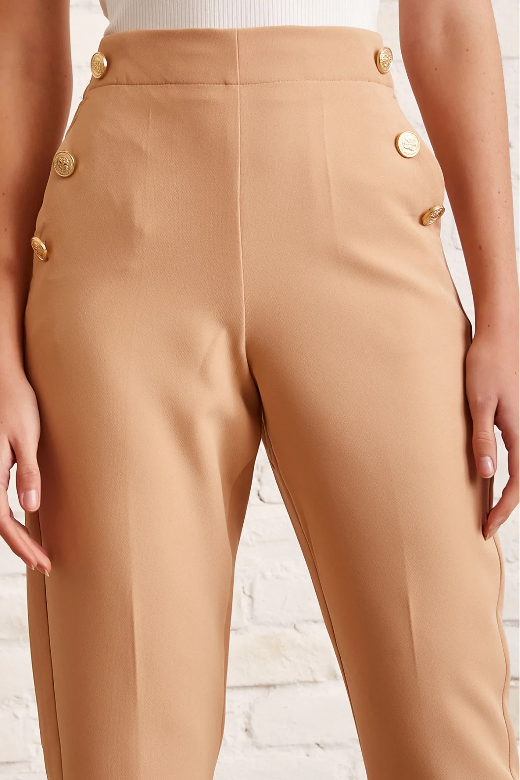 Button Detailed Slim Fit Pants Beige