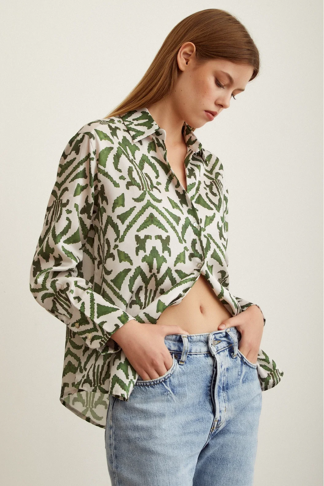 V Neck Patterned Satin Shirt Khaki