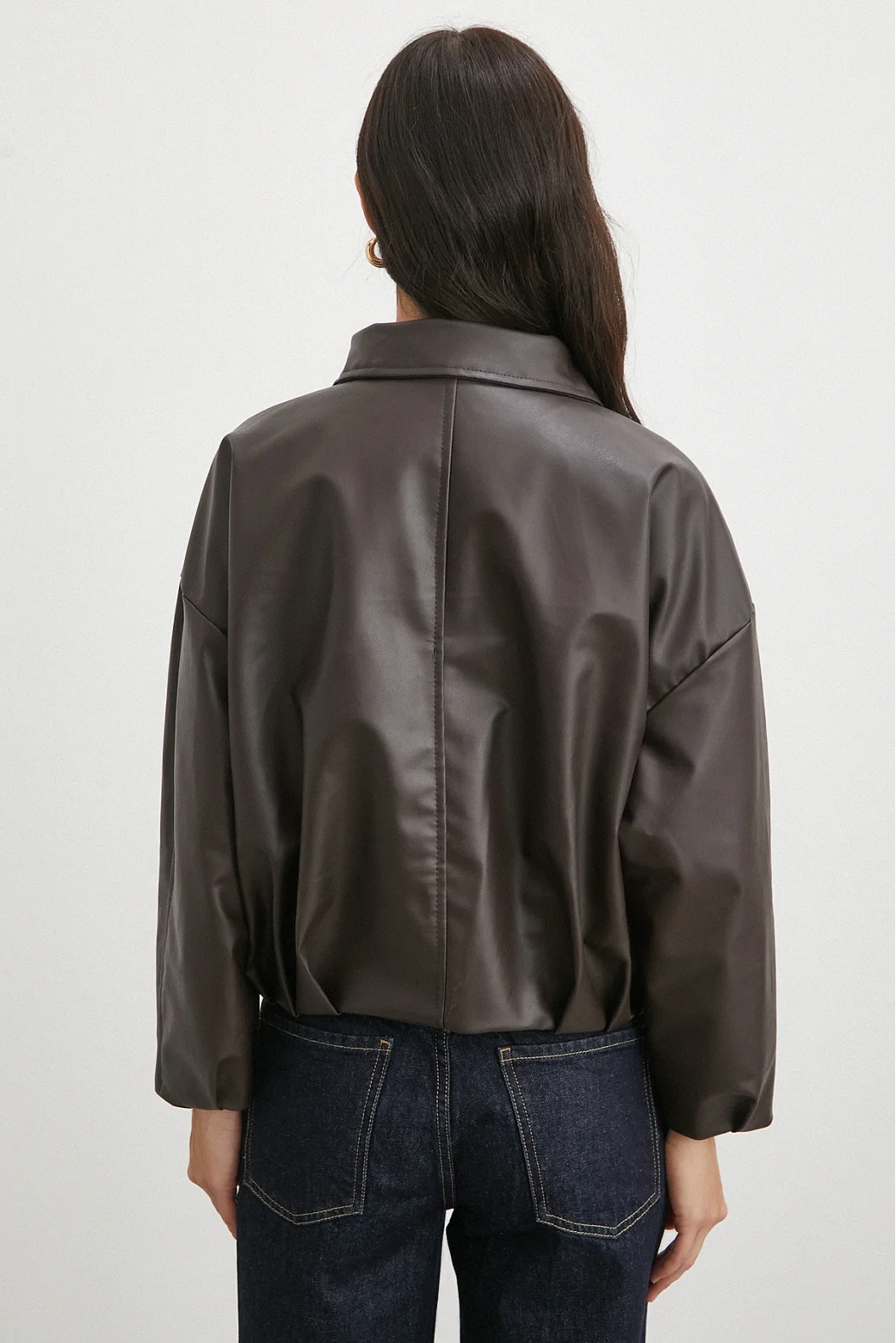 Yakalı Kemer Detaylı Deri Ceket Kahve