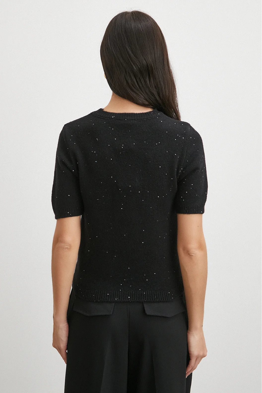 Simli Kısa Kol Kazak Siyah