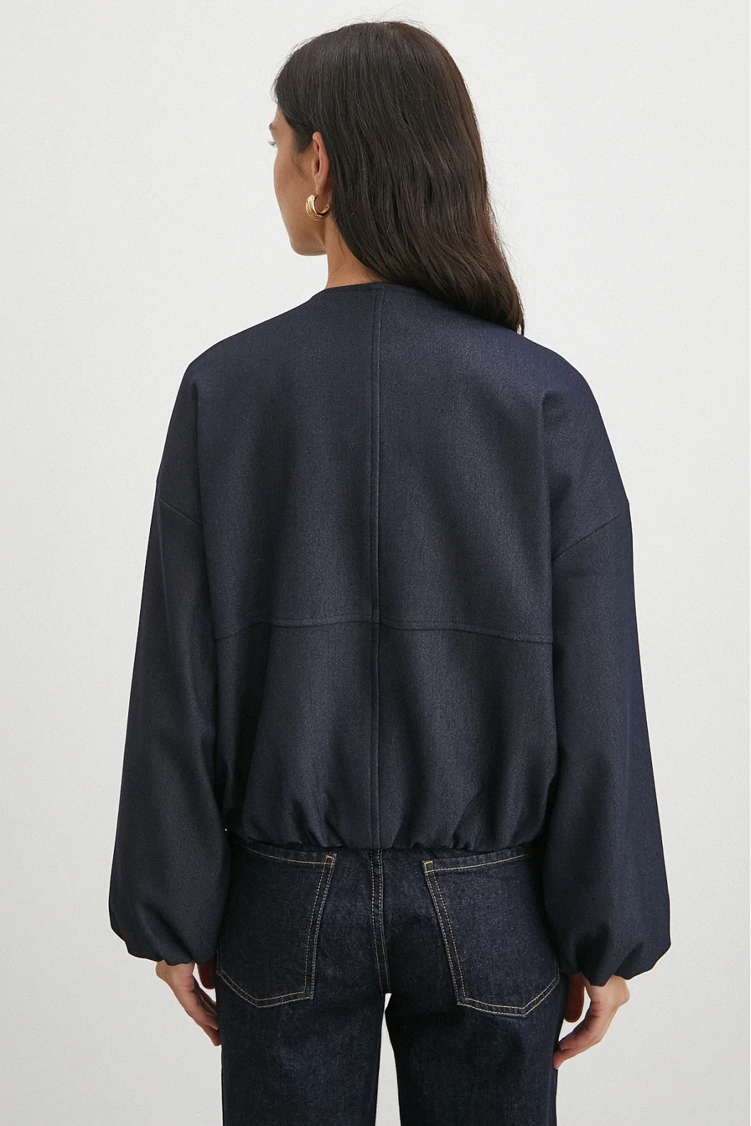 Beli Lastikli Fermuarlı Denim Görünümlü Bomber Ceket Lacivert