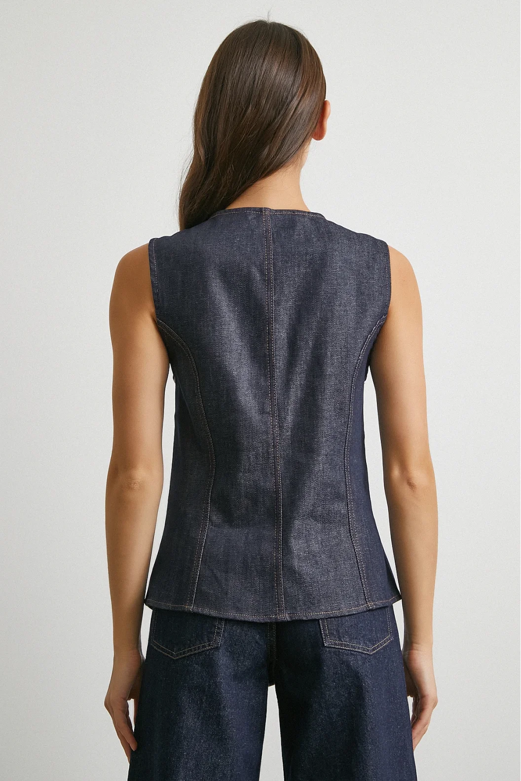 Bisiklet Yaka Metal Düğmeli Denim Yelek Lacivert