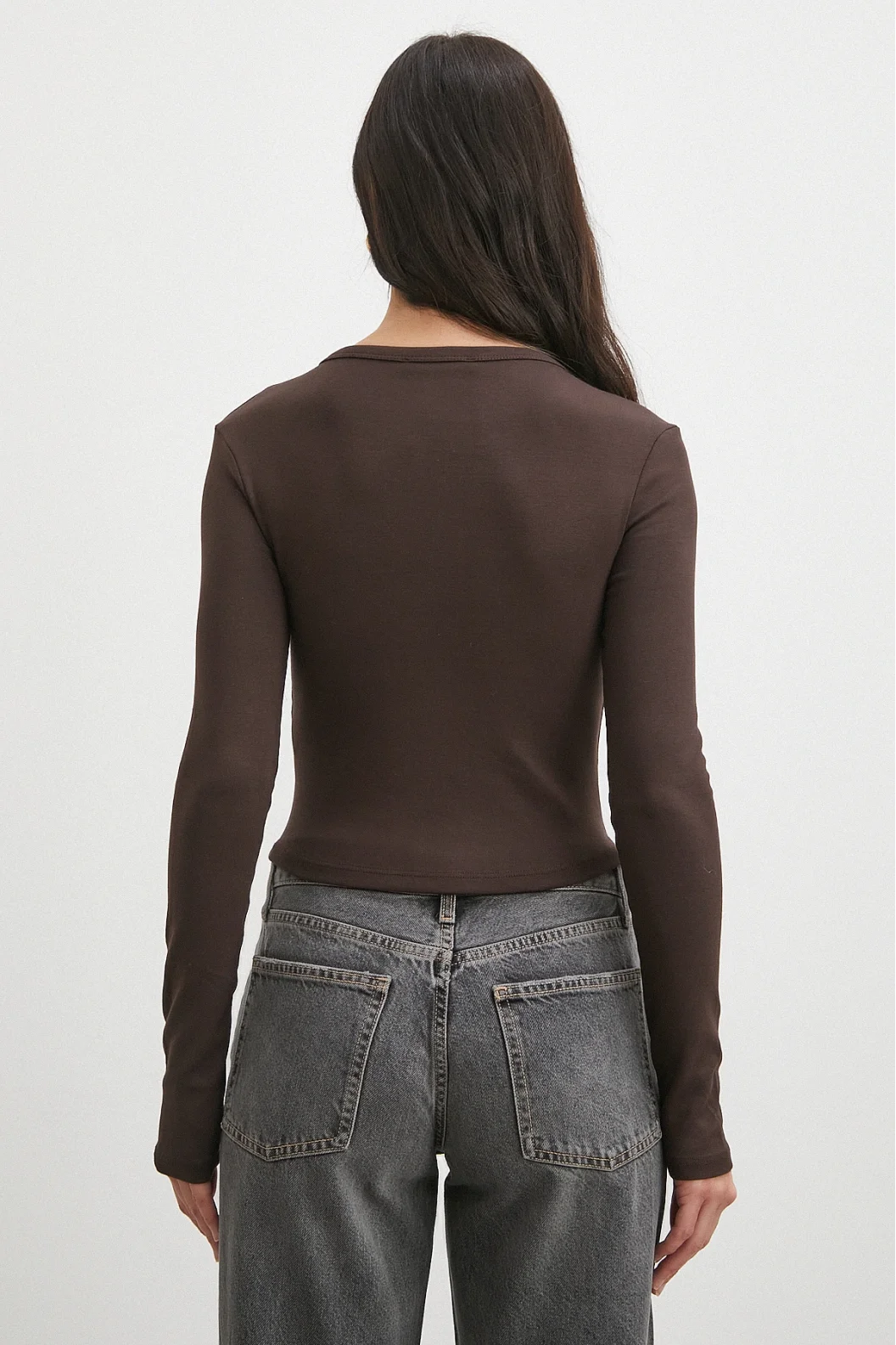 Düğmeli Uzun Kol Bluz Kahve