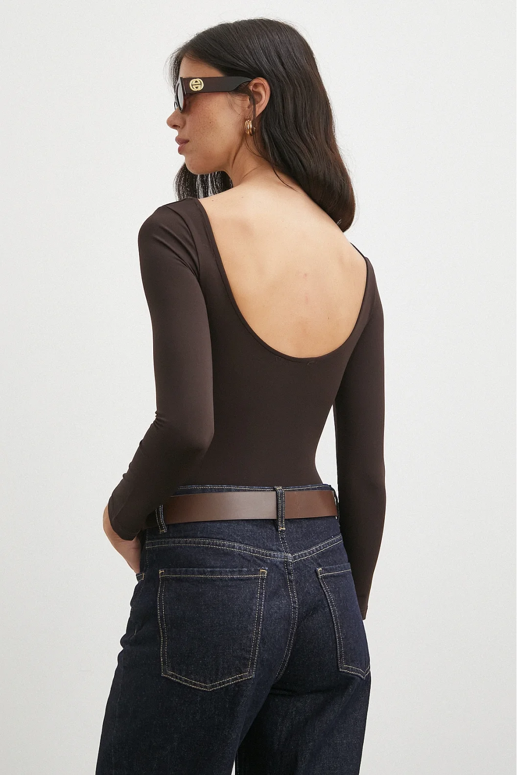 U Yaka Uzun Kollu Çıtçıtlı Bodysuit Kahve