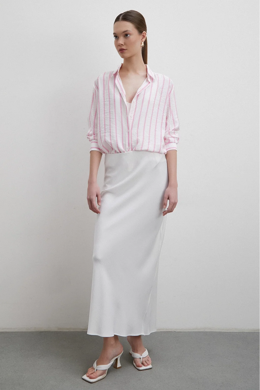 V Neck Striped Modal Shirt Pink