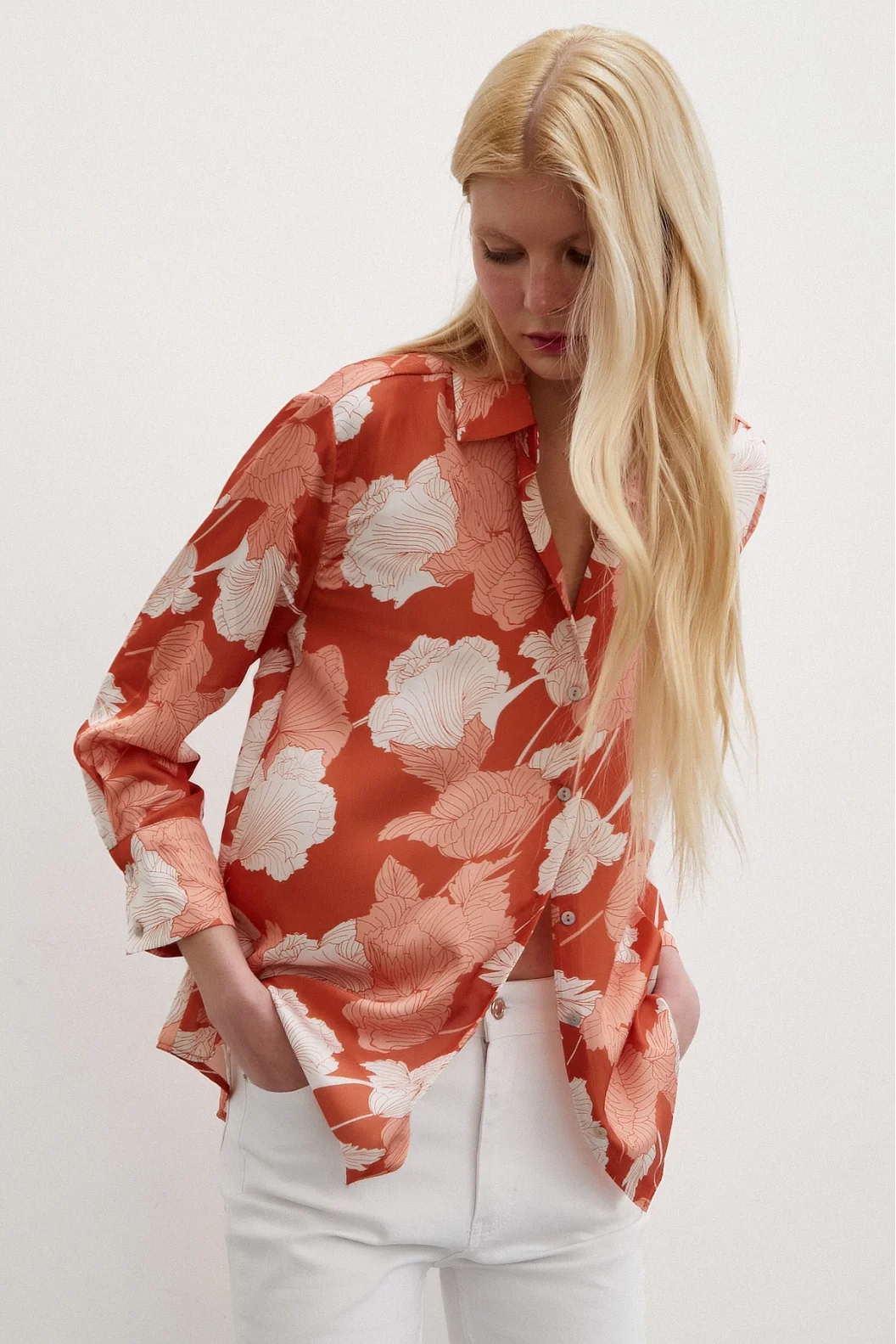 V-Neck Satin Shirt Brick