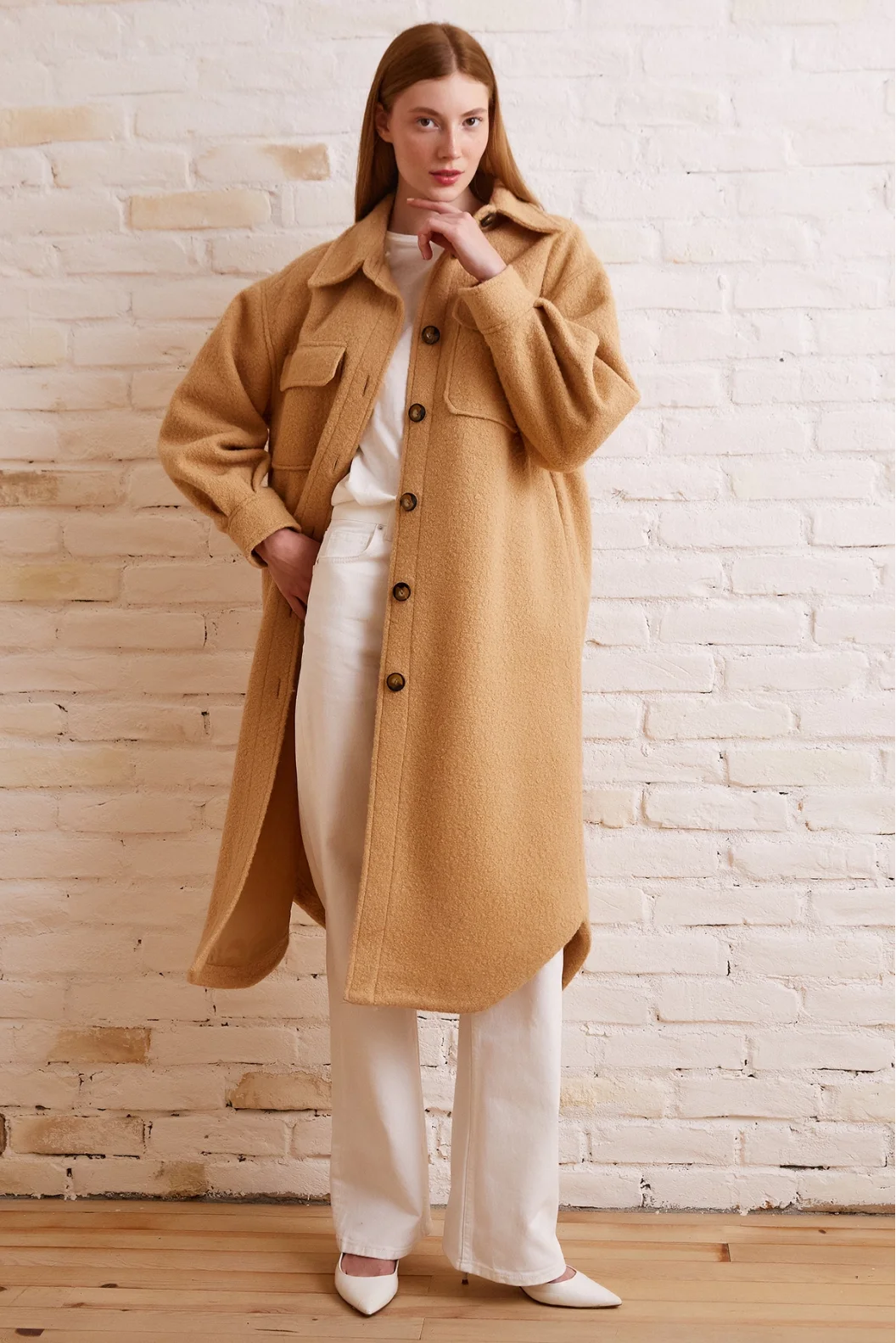 Lange Wickelmantel Beige
