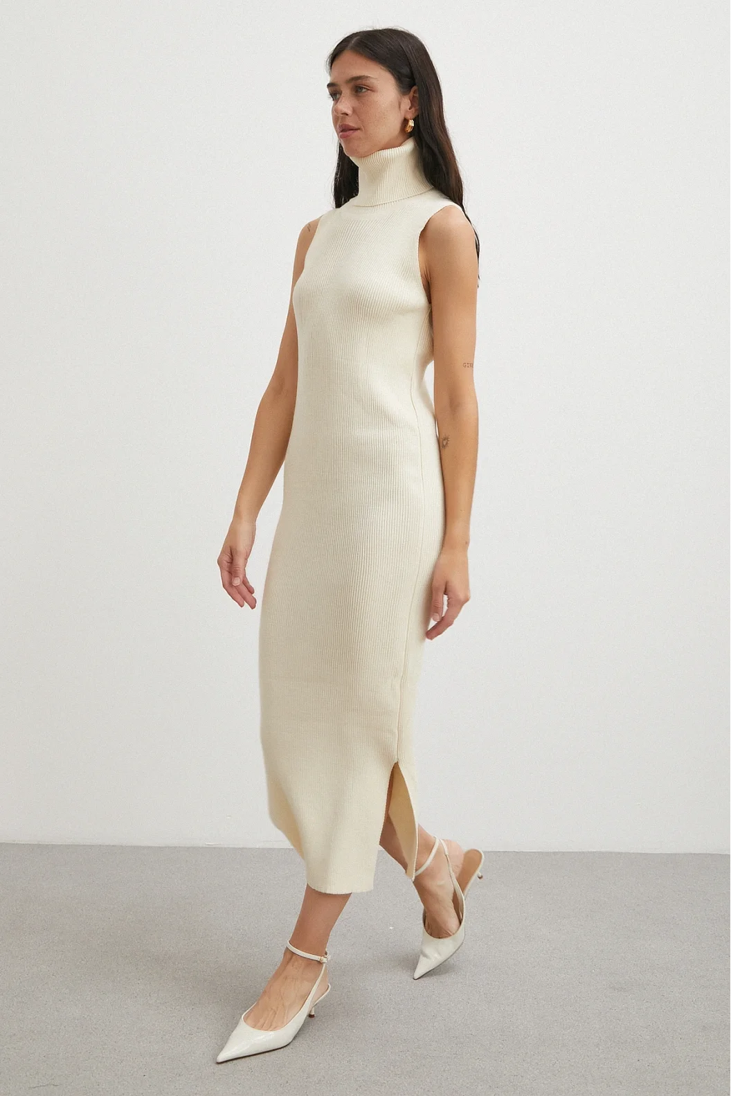 Uzun Elbiseli Hırka Triko Takım Ekru