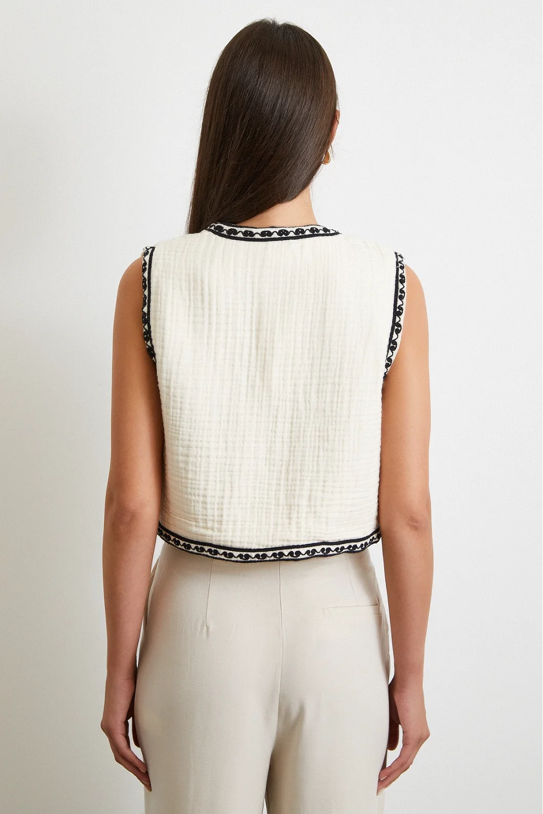 Nakışlı Oversize Yelek Krem