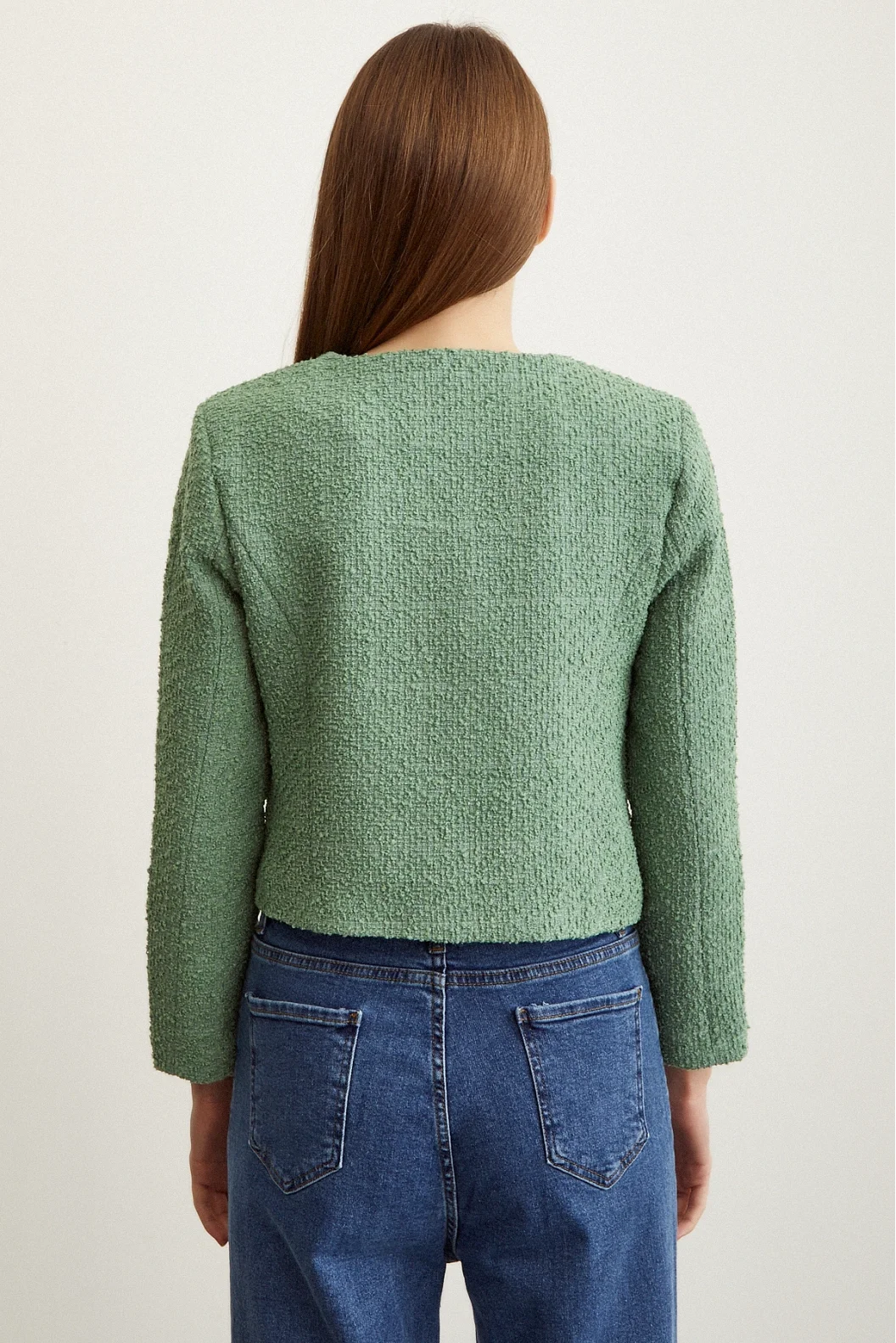 Button Detail Tweed Jacket Green