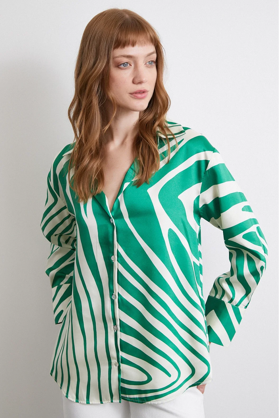 Zebra Pattern V Neck Shirt Green