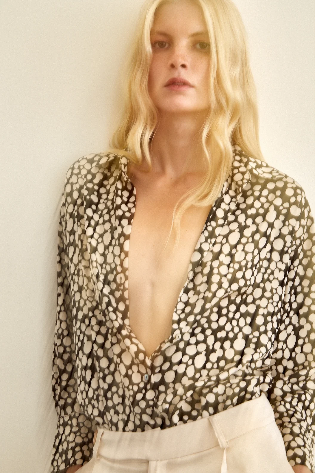Polka Dot Patterned Satin Shirt Black
