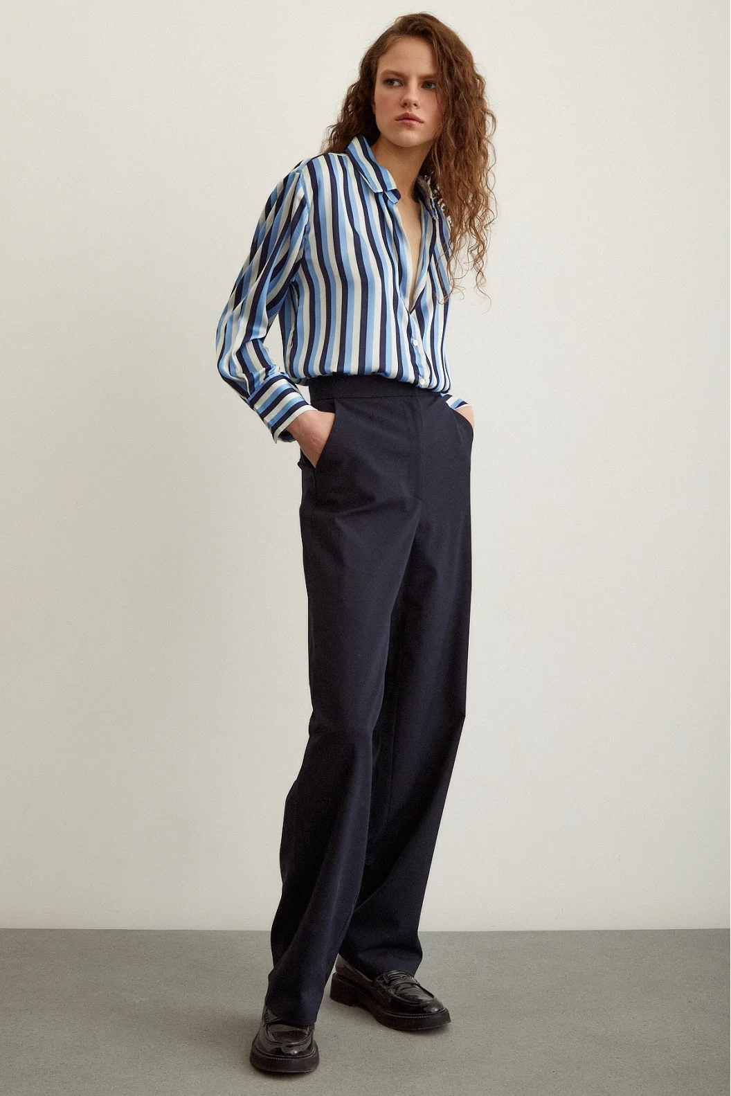 Striped Satin Shirt Navy