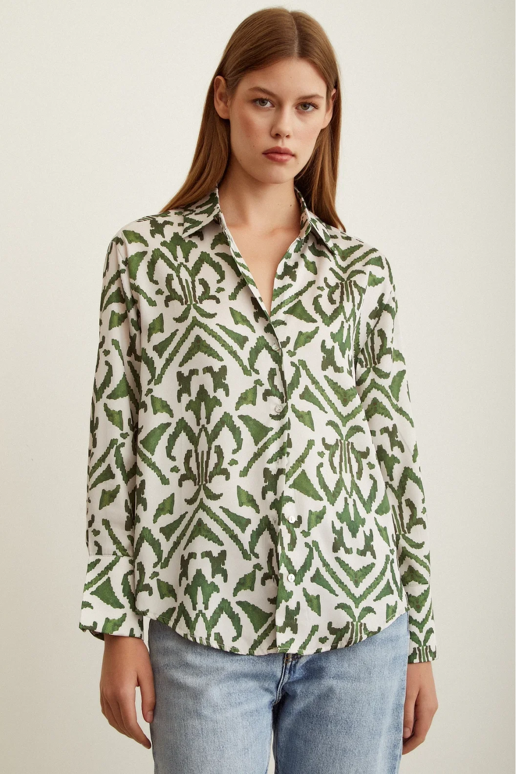 V Neck Patterned Satin Shirt Khaki