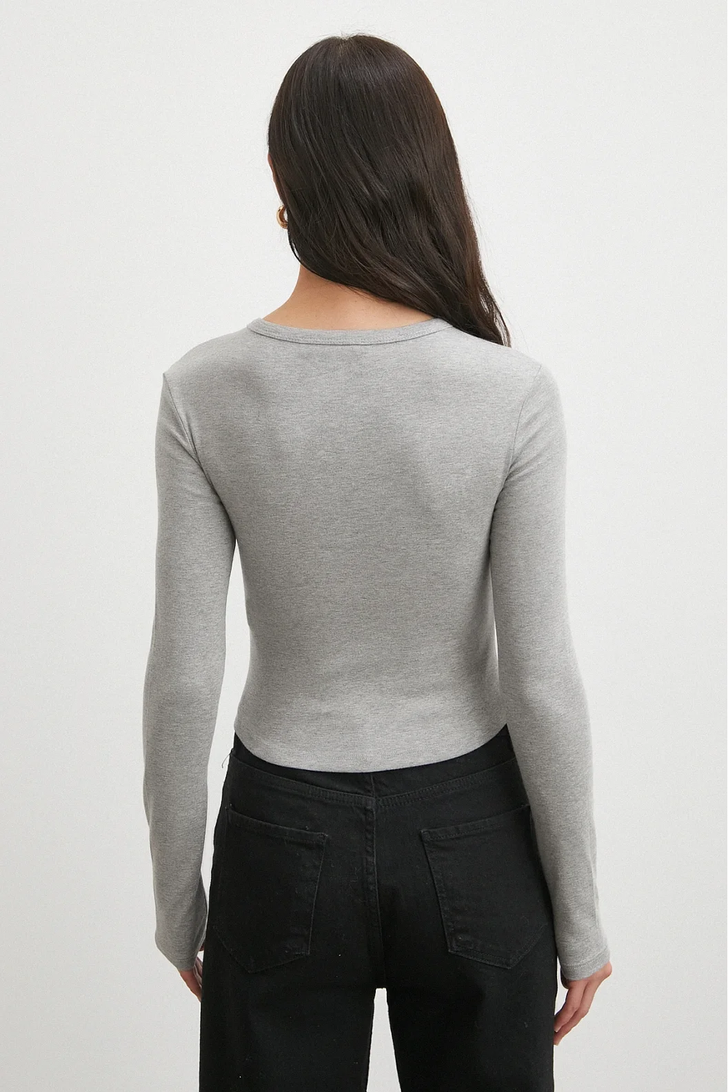 Düğmeli Uzun Kol Bluz Gri