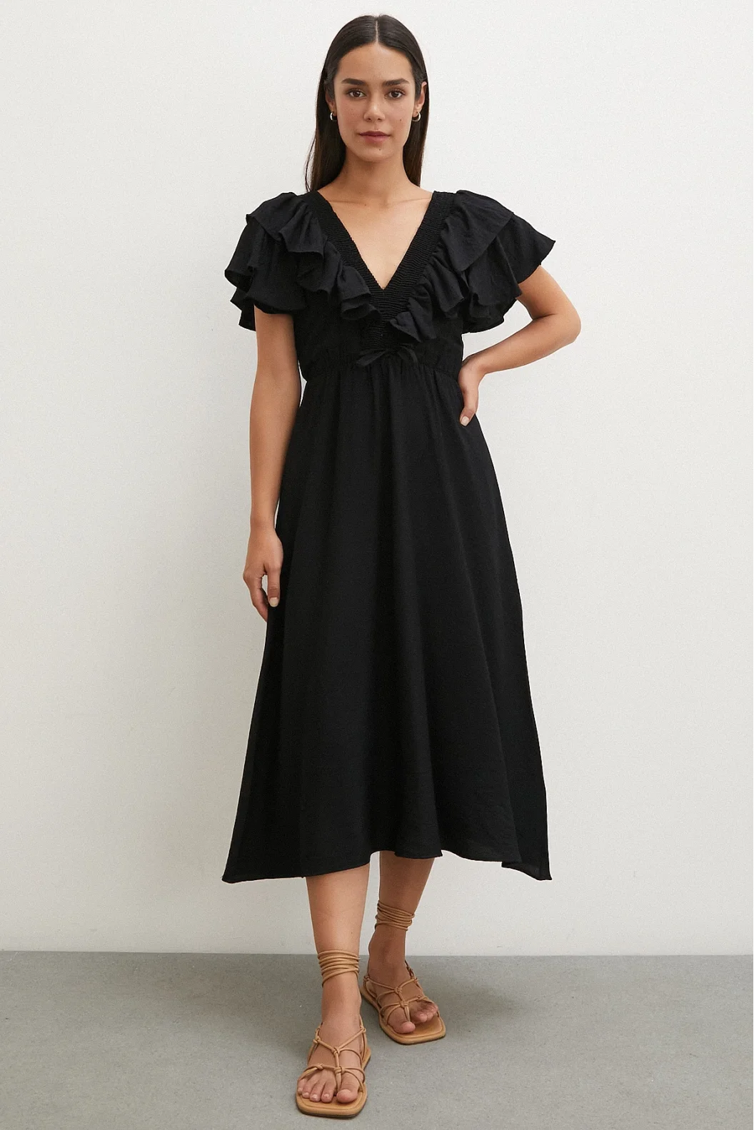 Frill Detail V Neck Linen Dress Black