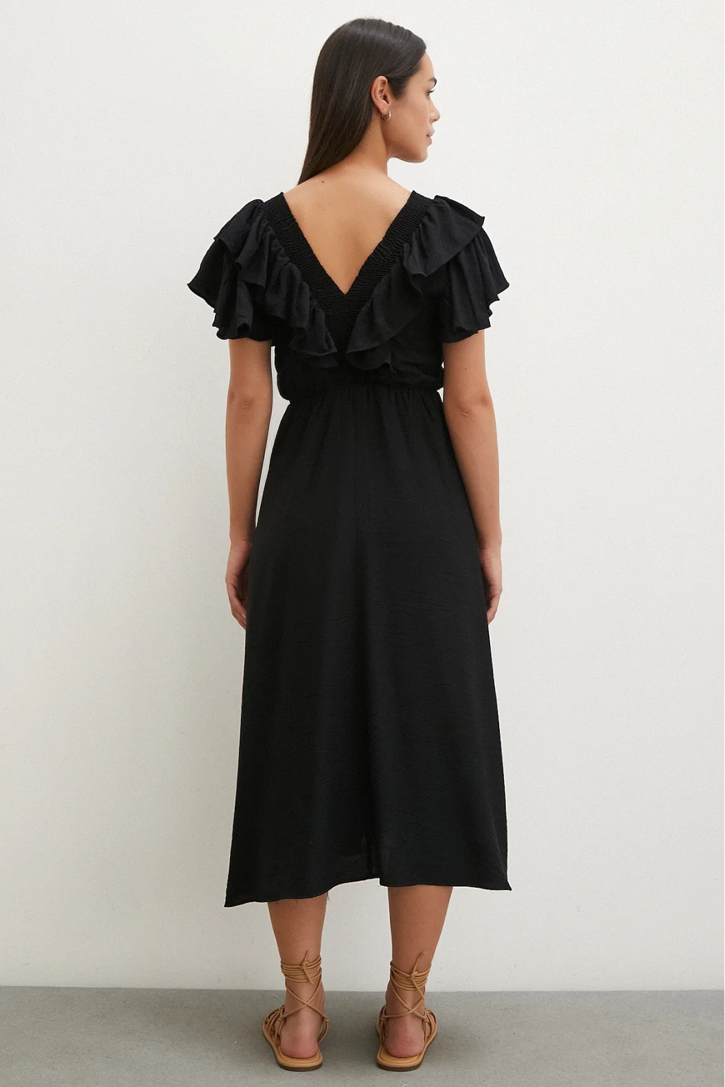 Frill Detail V Neck Linen Dress Black