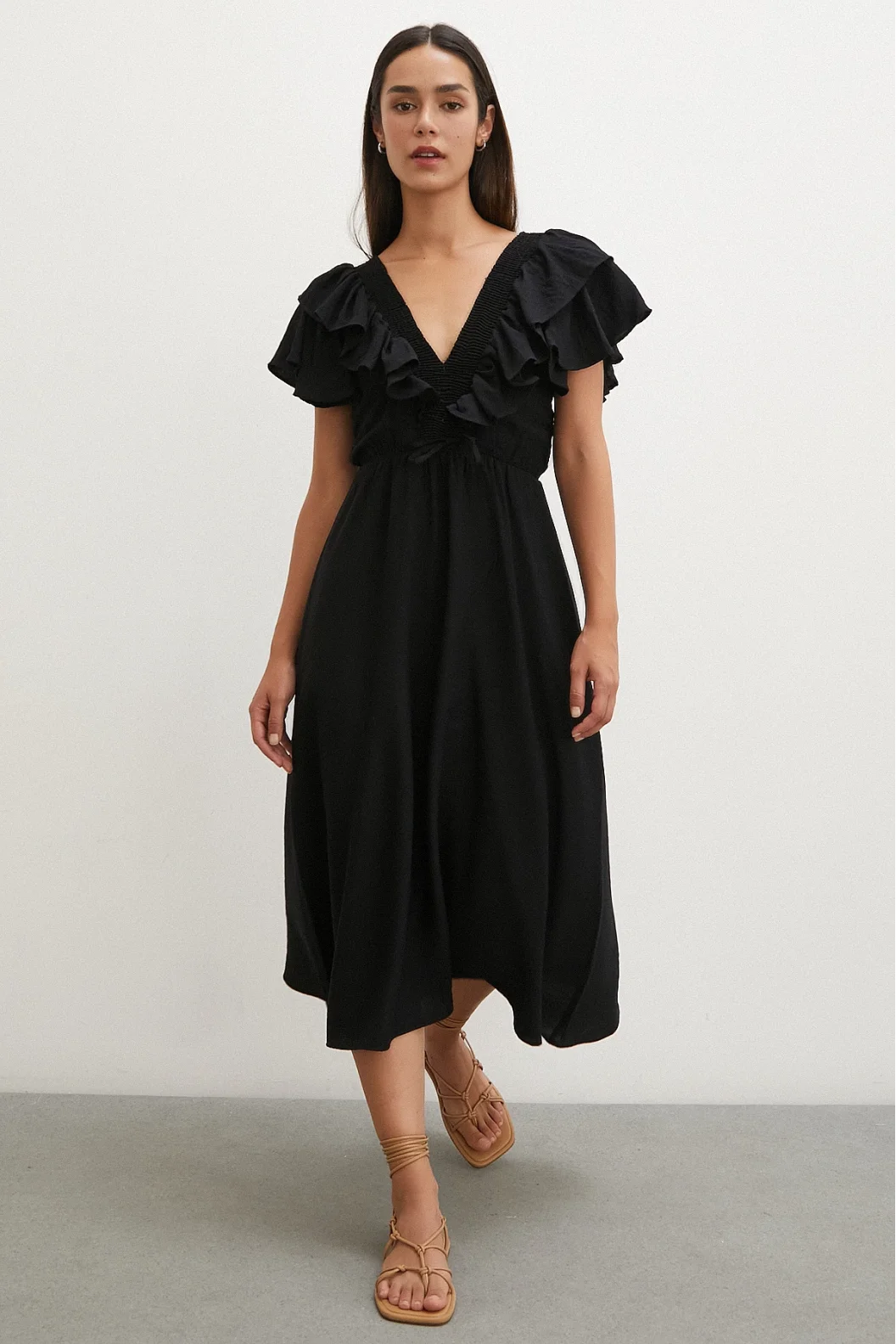 Frill Detail V Neck Linen Dress Black