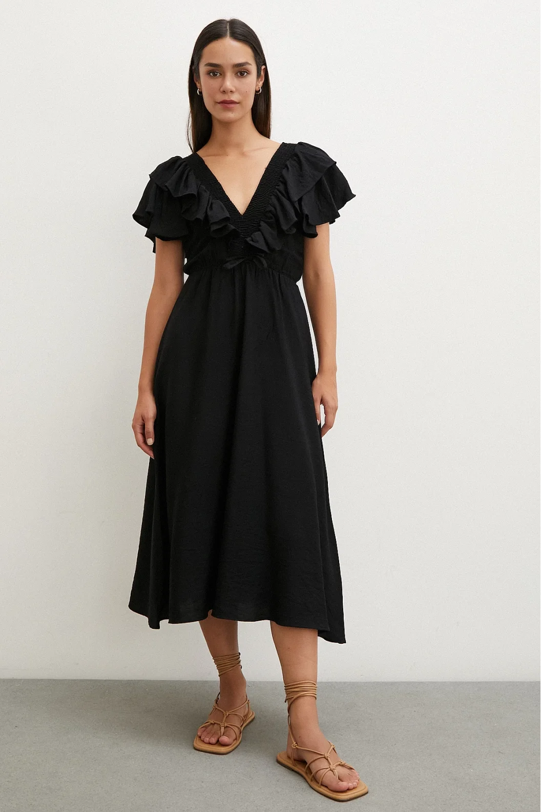 Frill Detail V Neck Linen Dress Black