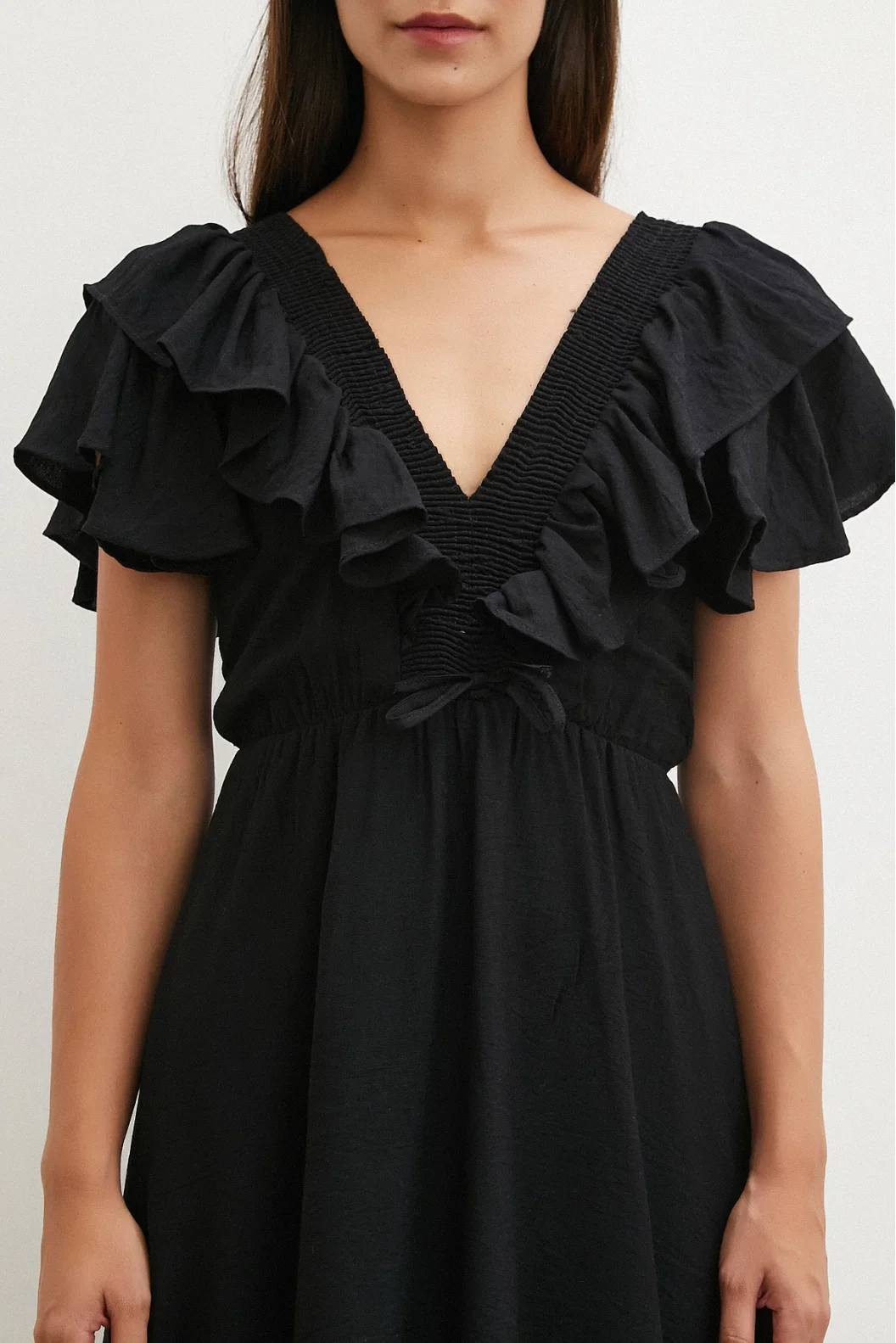 Frill Detail V Neck Linen Dress Black