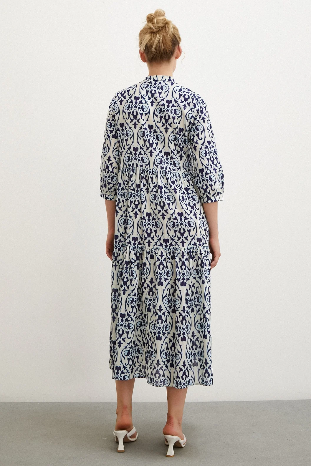 V-Neck Patterned Maxi Dress Navy