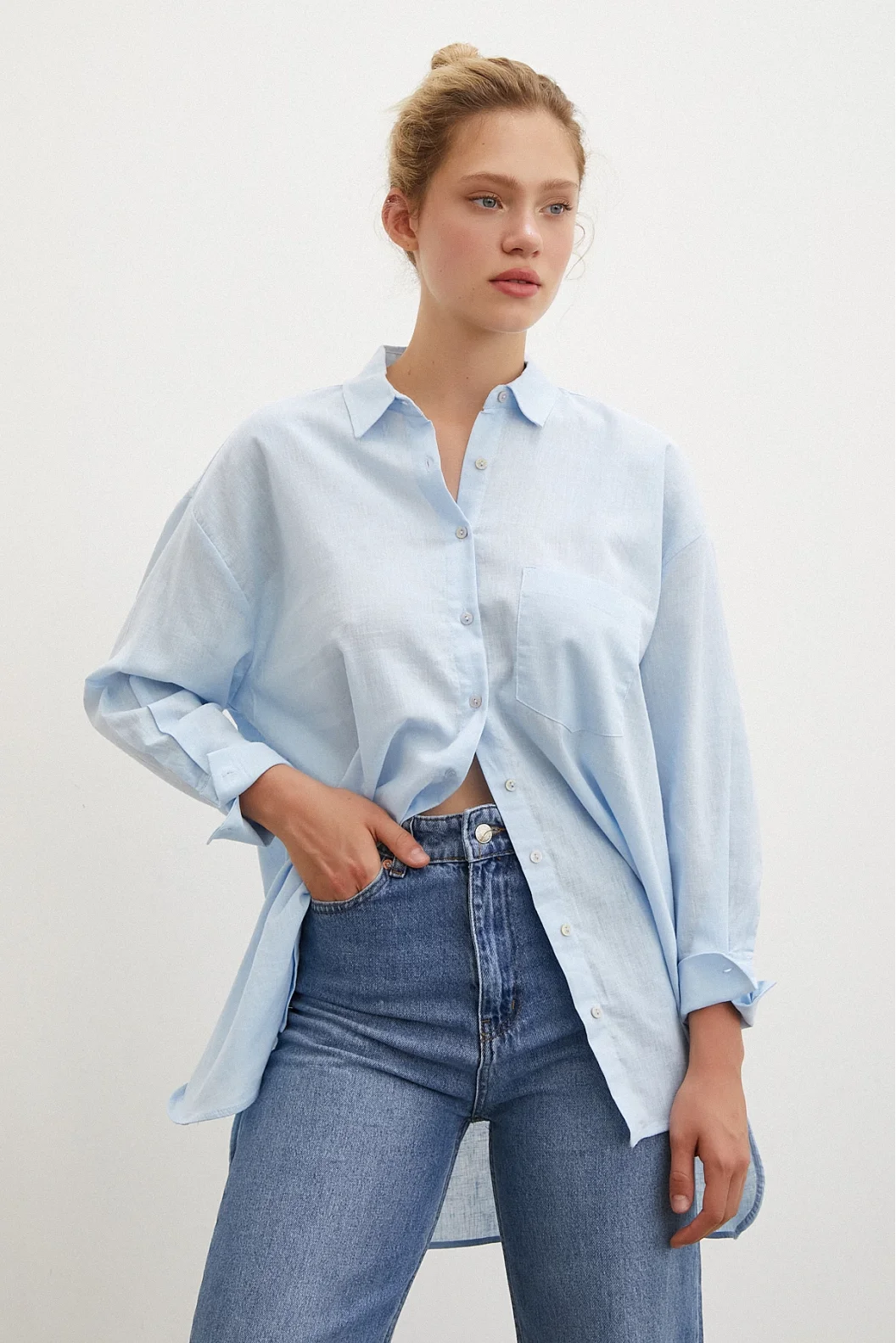 Midi Size Linen Shirt Blue