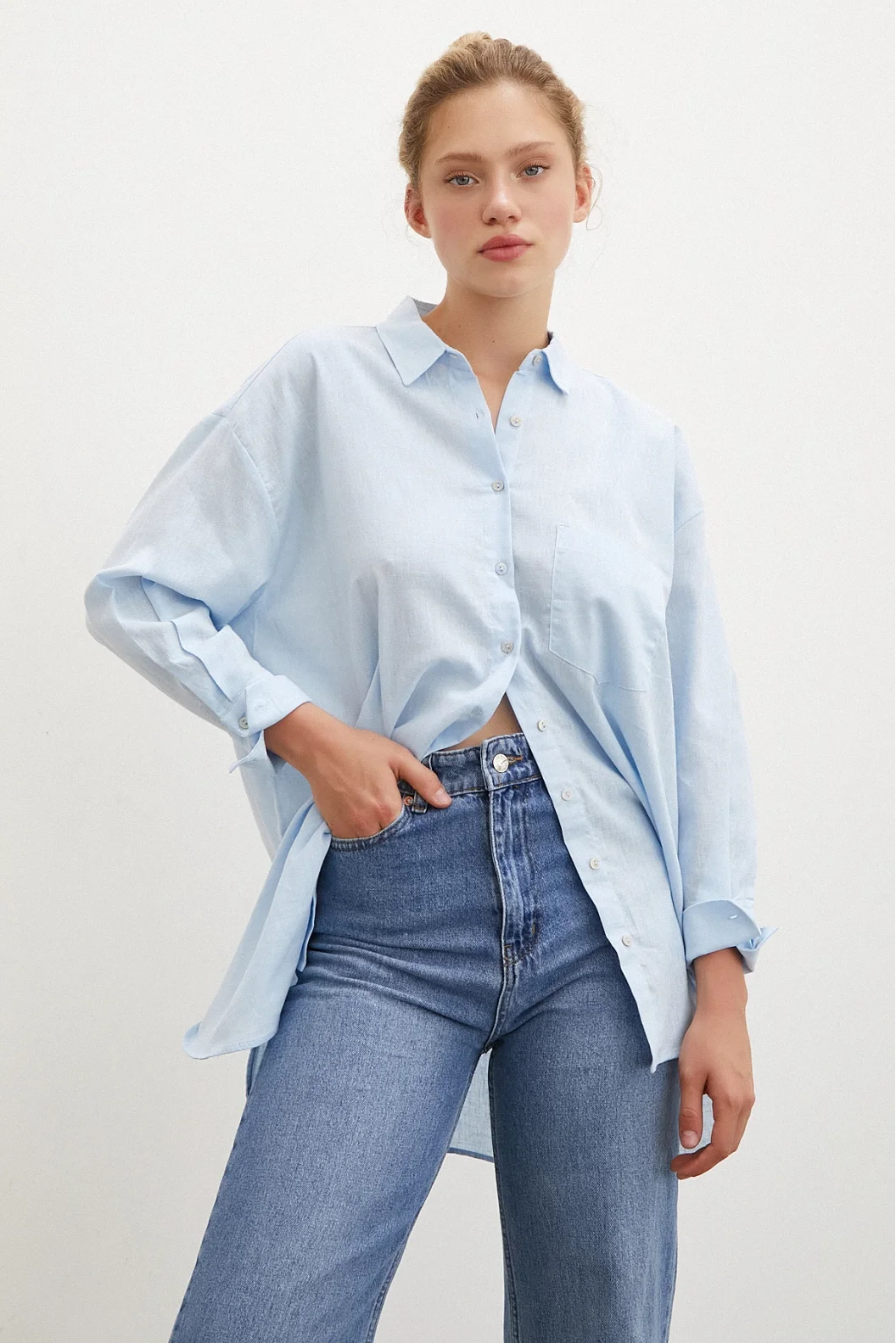 Midi Size Linen Shirt Blue