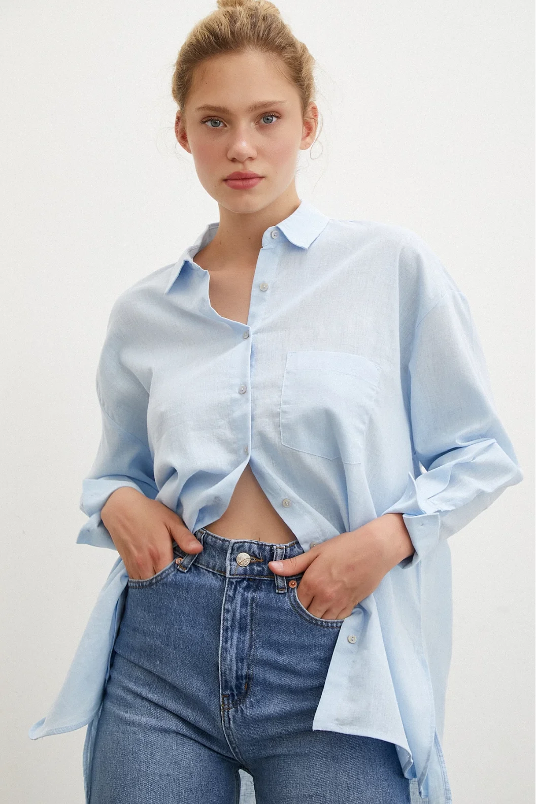 Midi Size Linen Shirt Blue