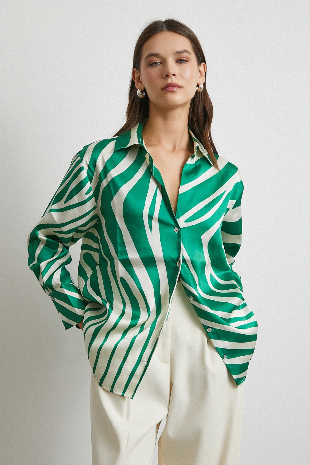 Zebra Pattern V Neck Shirt Green