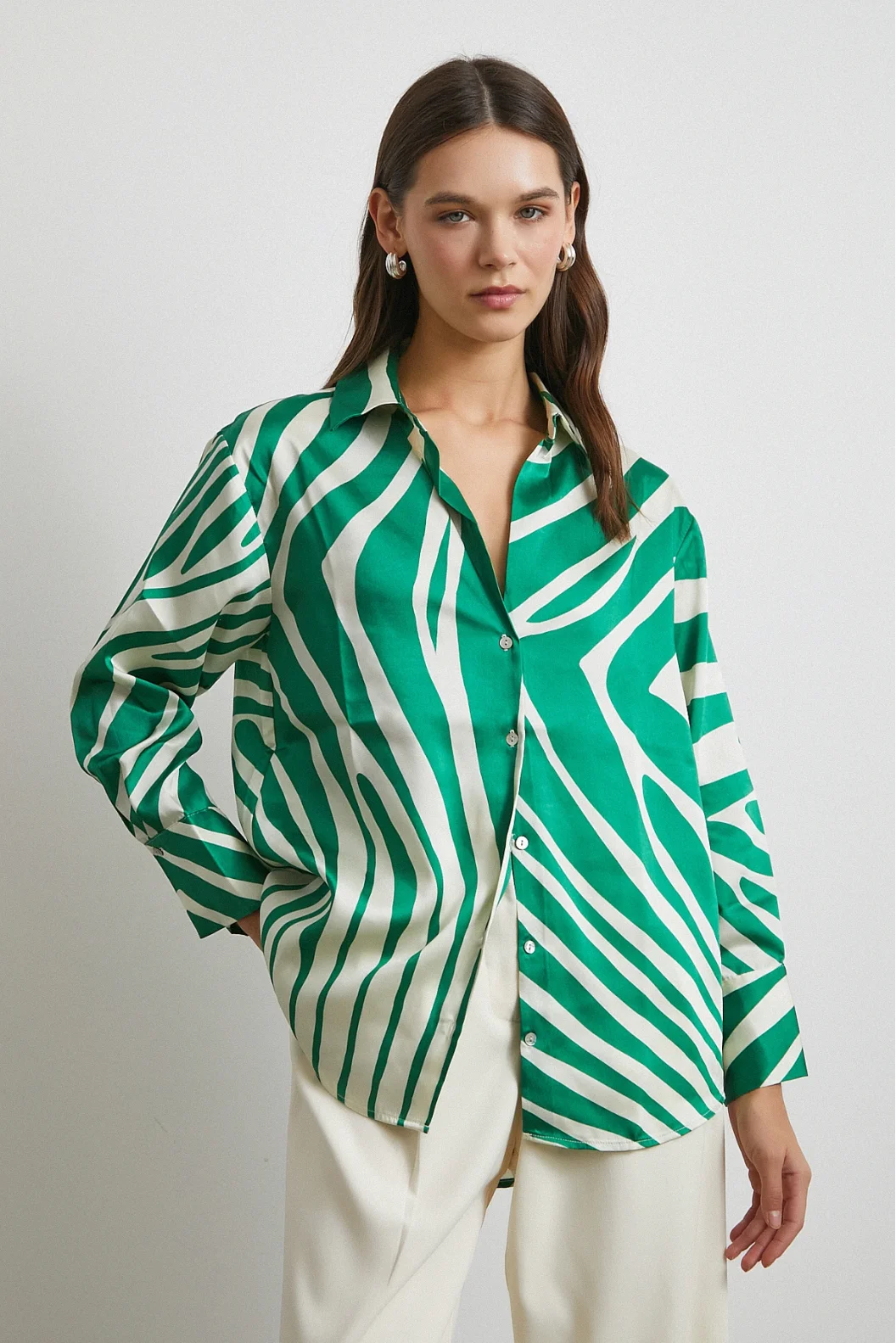 Zebra Pattern V Neck Shirt Green