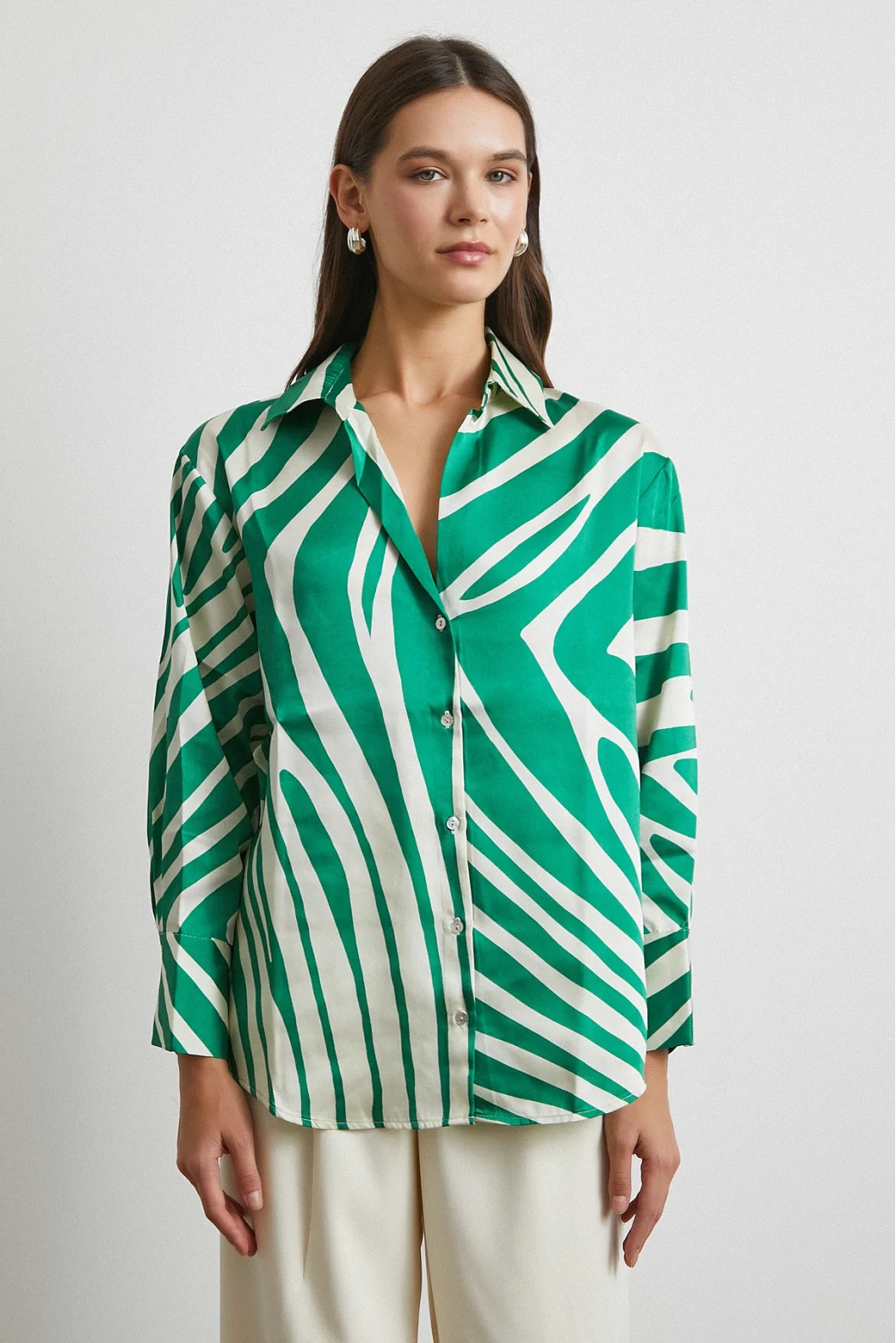 Zebra Pattern V Neck Shirt Green