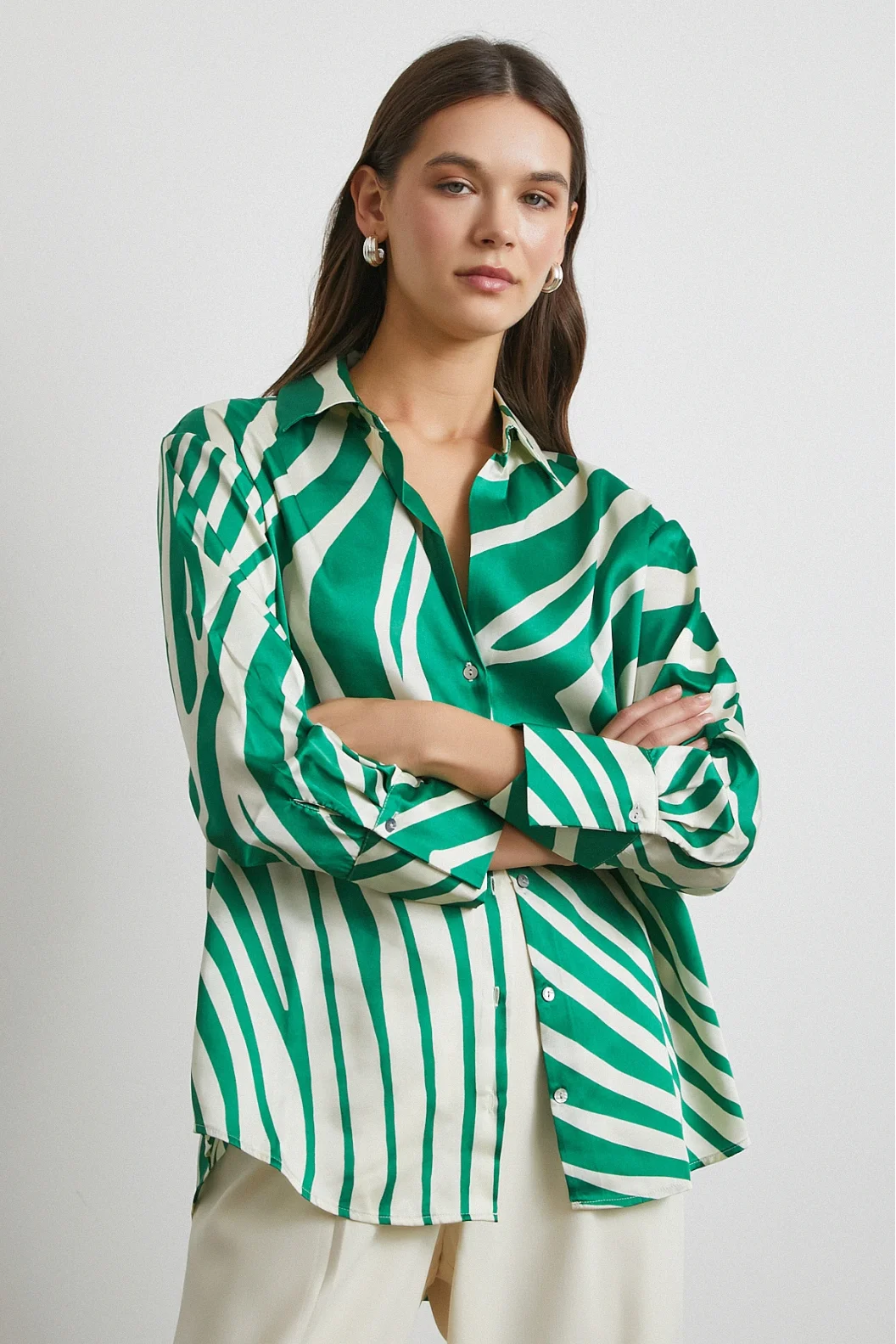 Zebra Pattern V Neck Shirt Green
