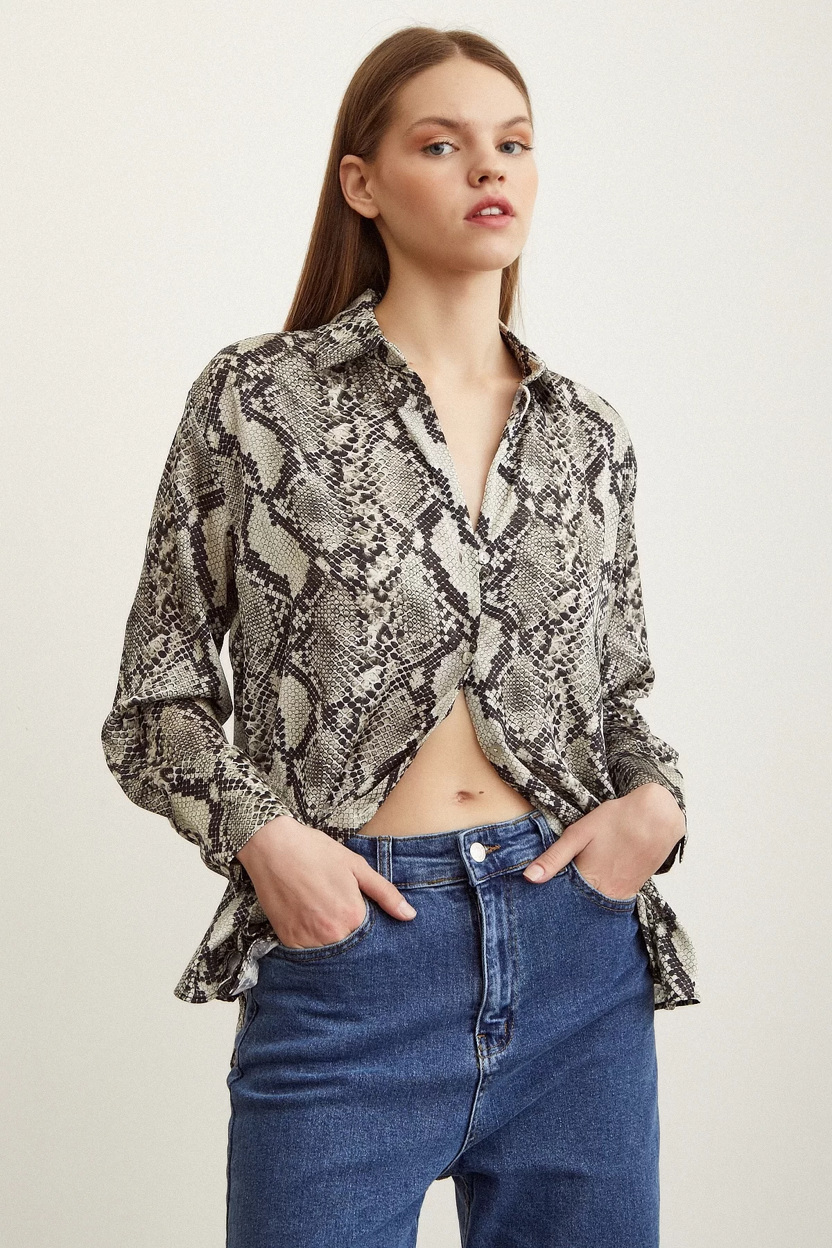 Snake Pattern Satin Shirt Stone