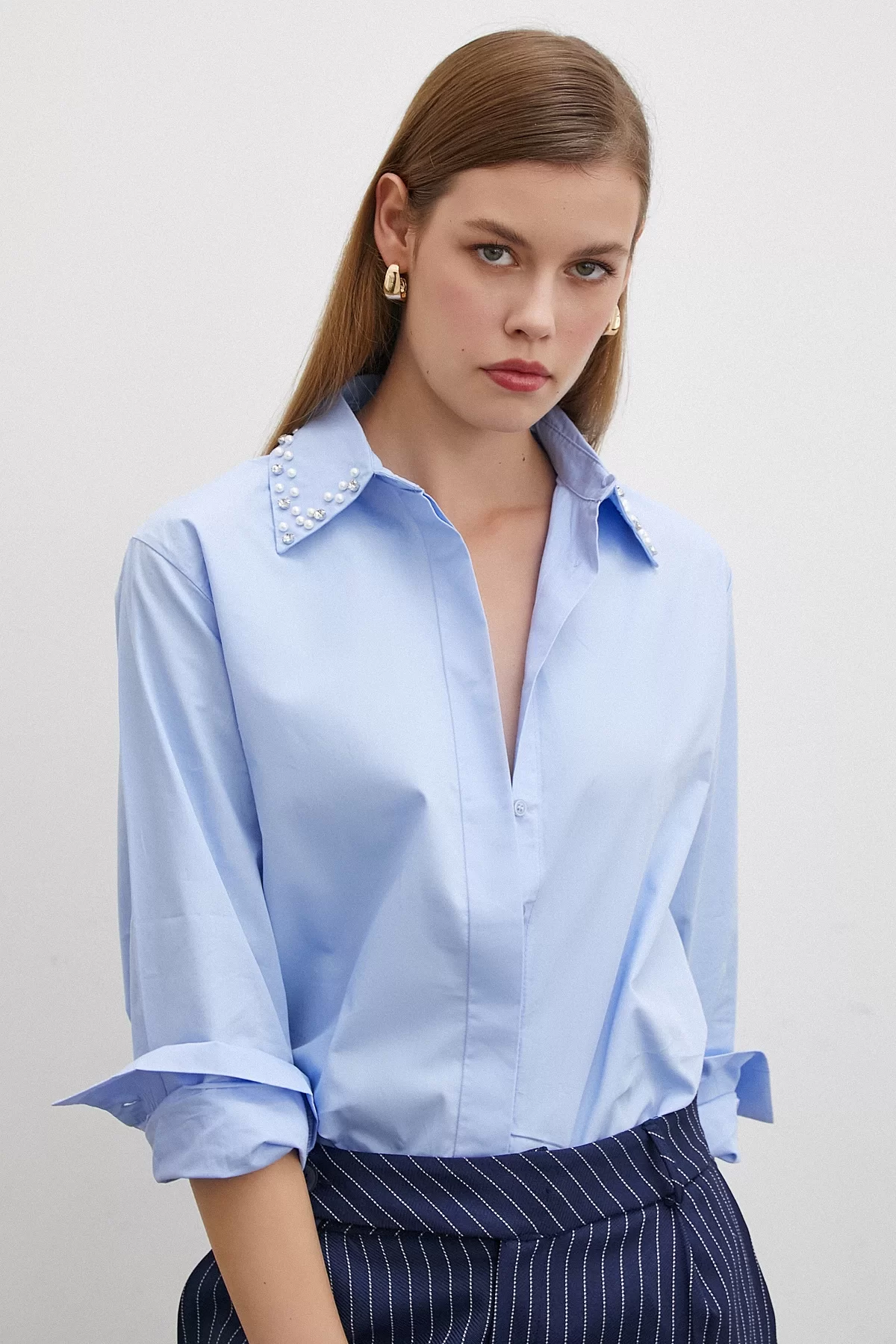 Yaka İncili Poplin Shirt Blue